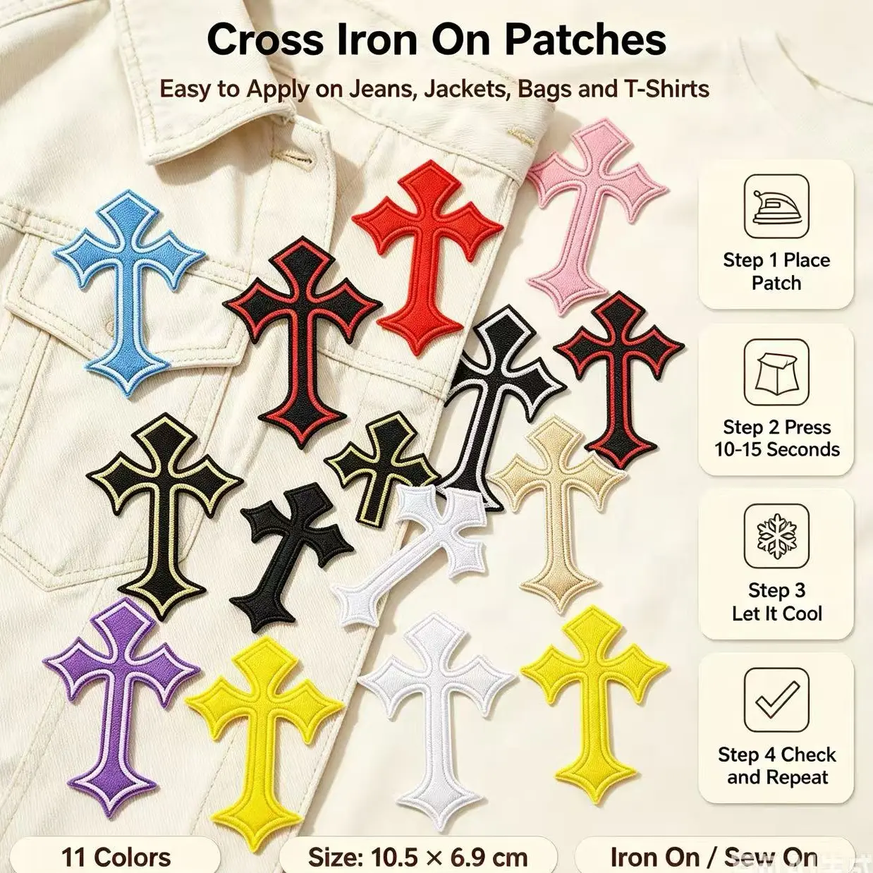 Cross Pattern Iron-On Embroidery Patches – Fun Design – Easy to sew or iron, durable fabric patches suitable for personalizing jackets, bags, DIY crafts, and more – Pack of 11
