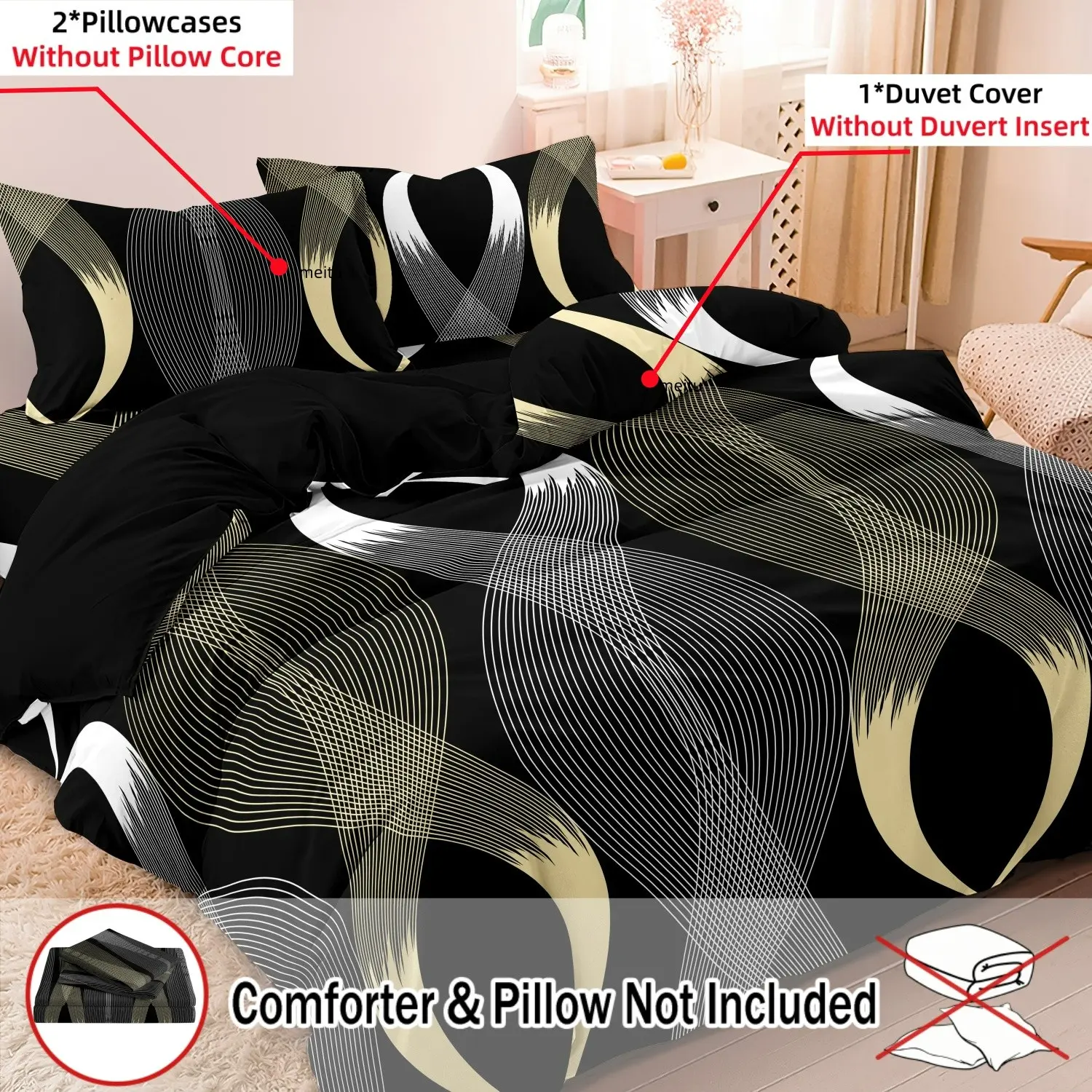 3pcs Set Black Gold White Geometric Print Decorative Duvet Cover Set Suitable For Bedroom Hotel Inn School Dormitory Can Be Used As Holiday Gifts Modern Bedding Set Duvet Covers Sets (1*Duvet Cover + 2 Pillowcases, No Comforter, No Pillow)