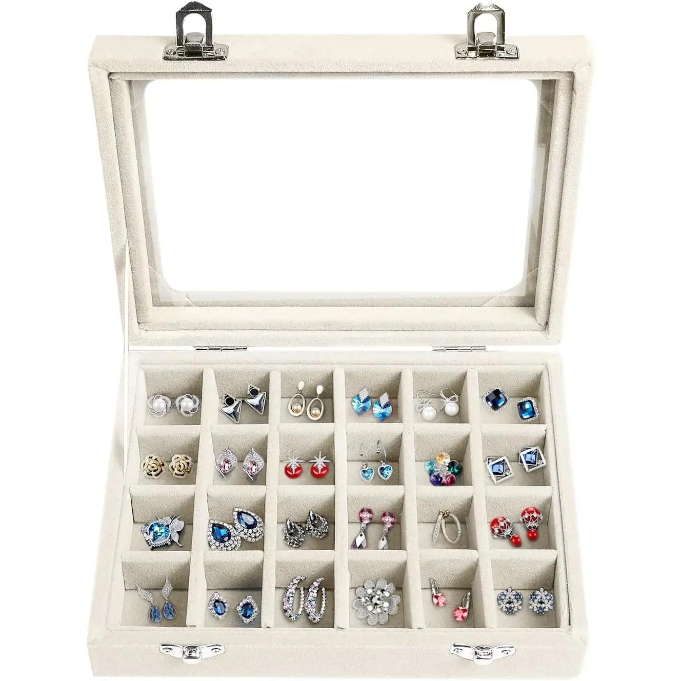 Box 24 Grid  Earrings Display Organiser Box Ring Tray Holder Earrings Storage Case for Girls Women Wife Mom (Beige)