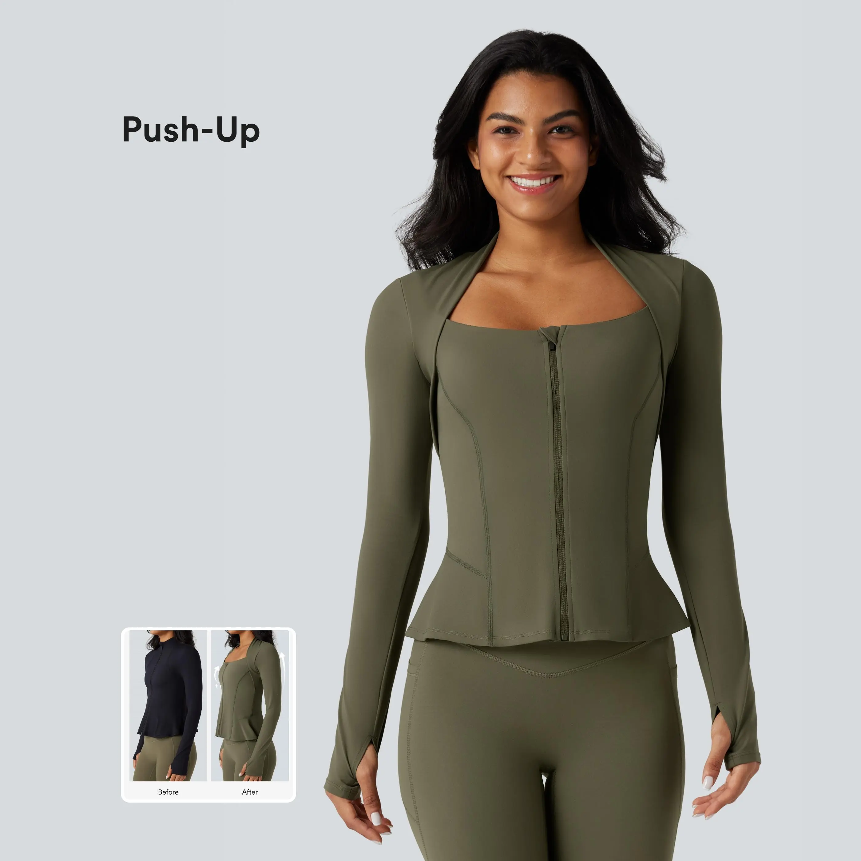 Halara UltraSculpt™ Push-Up Long Sleeve Thumb Hole Zipper Ruffle Hem Yoga Curvy Jacket