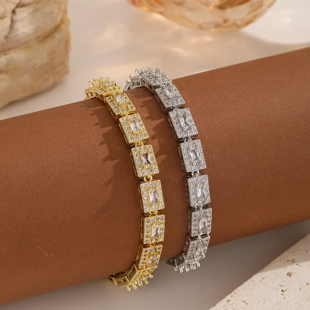 Unisex Iced Out Cubic Zirconia Baguette Tennis Bracelet - Tarnish-Free Gold-Plated Chunky Links, Hip Hop Streetwear Fashion Accessory, Casual, Rhinestones, All Seasons, Stainless, Metal Coating