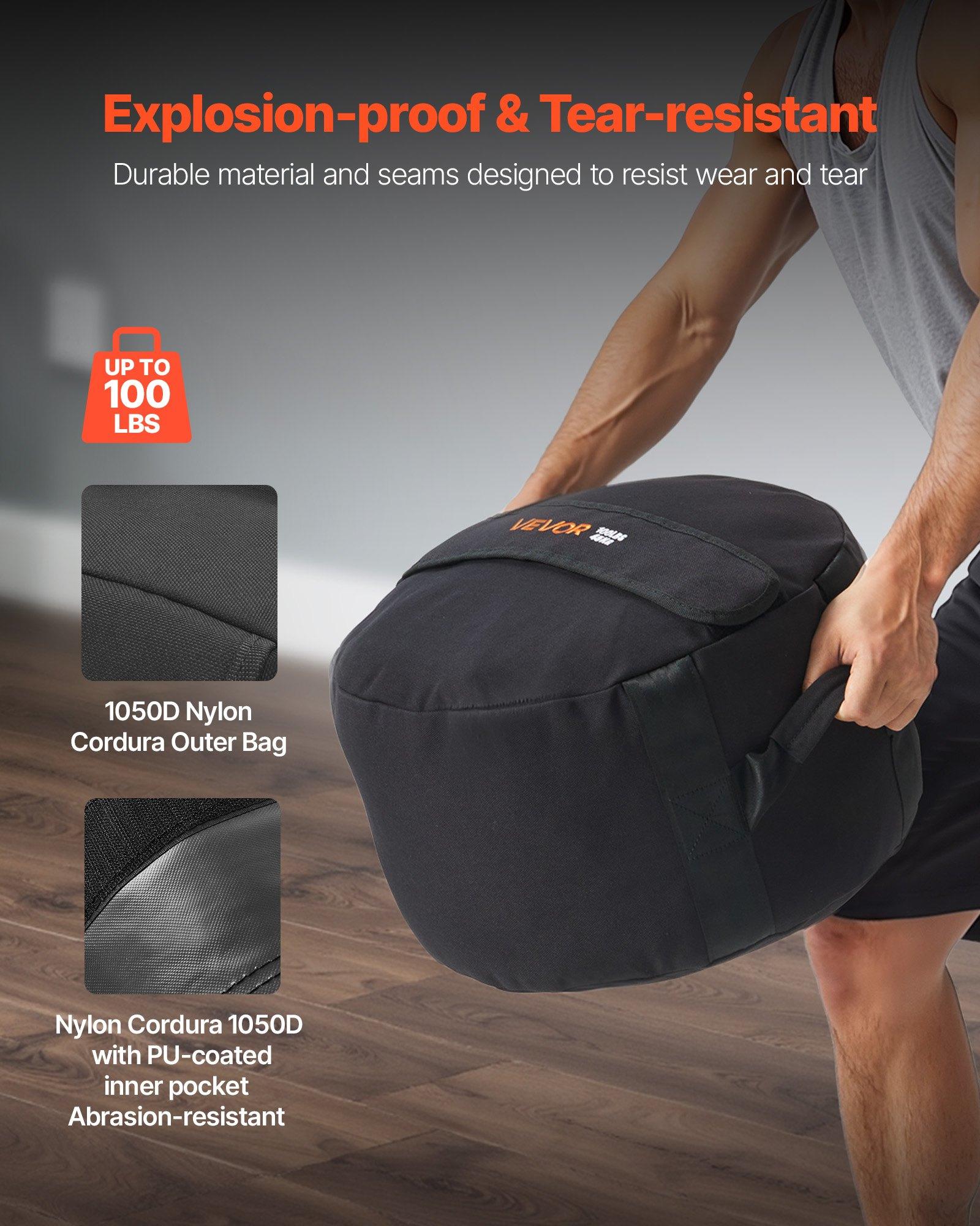 VEVOR Workout Sandbag, Heavy Duty Workout Power Bags with Handles, 100 lbs/45 kg Slam Bag for Fitness Strength Weight Training Cross-Training, Home Gym Exercise, Black (Unfilled)