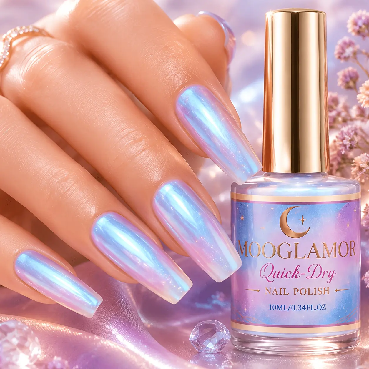 MOOGLAMOR Aurora Blue Iridescent Nail Polish 0.34 Fl Oz QuickDry Laser Holographic Shimmer Strengthening Base Coat LongLasting Shine for Hands Toes Daily Wear Party Vacation Gift