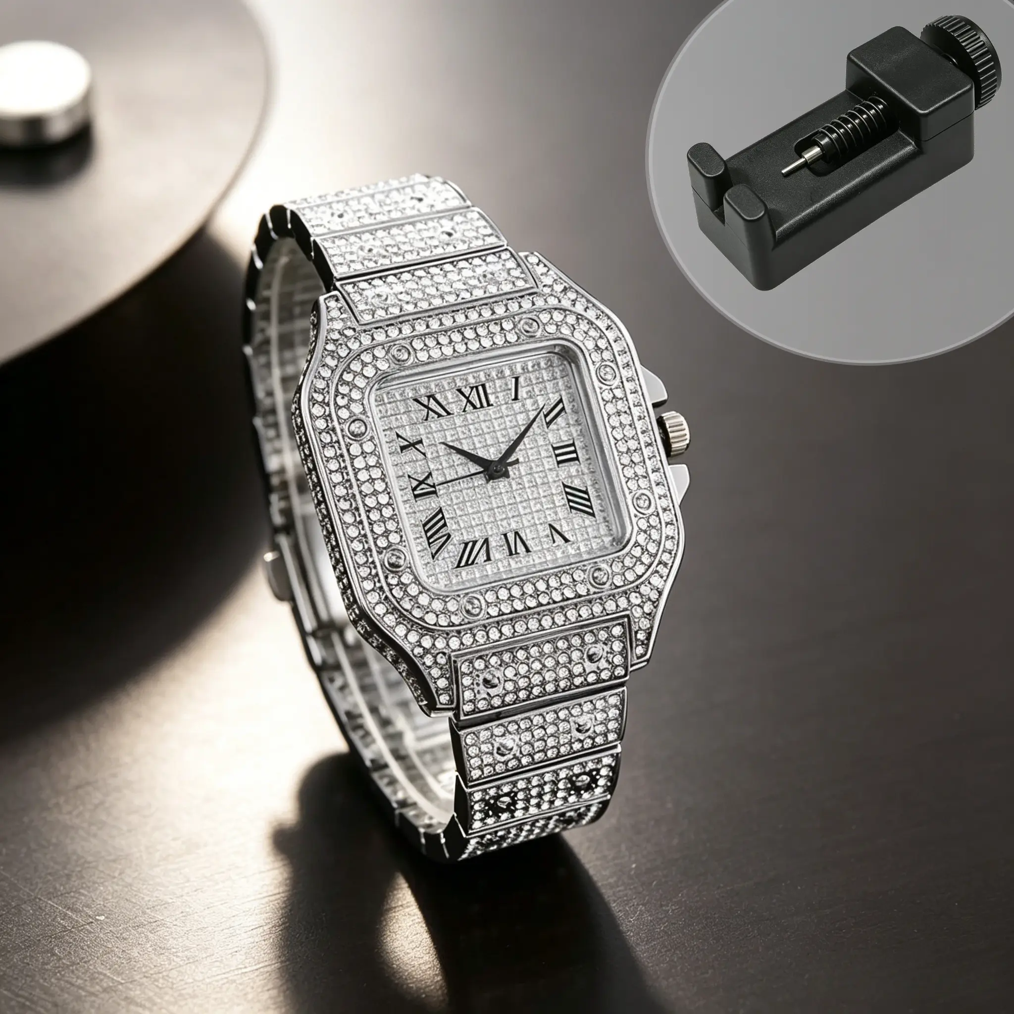 Men's Square Face Metallic Stainless Steel Quartz Watch, Adjustable Band with Strap Adjuster, Diamond-Encrusted Dial, Roman Numerals, Luxury Casual Use Fashion Wristwatch, Steel Strap, Metallic Stainless Steel Quartz Watches