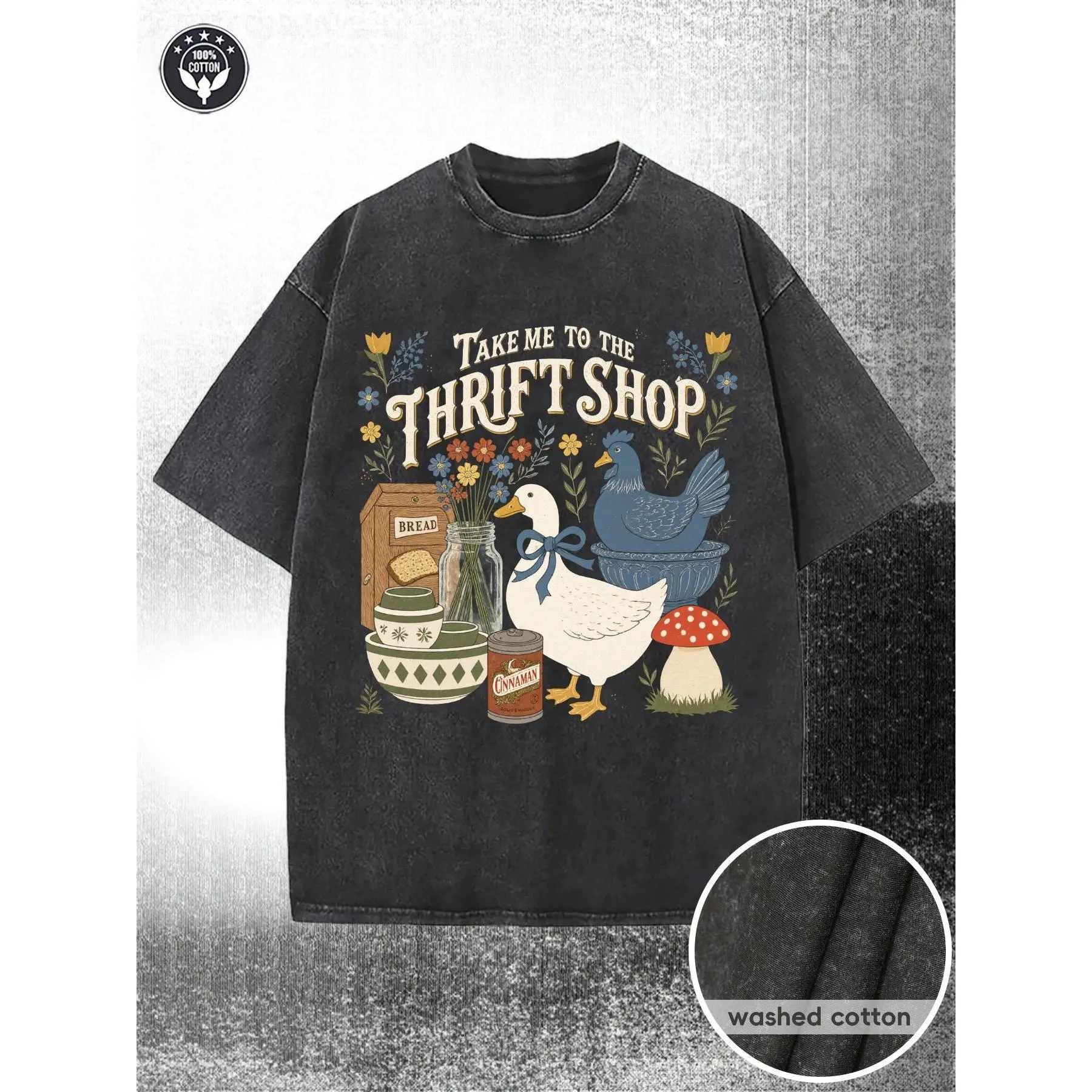Take Me To The Thrift Shop Graphic Tee Vintage Washed Cotton Tshirt Cottagecore Goose Duck Mushroom Retro Thrifted Lover Gift Oversized T Shirt Women Short Sleeve Crewneck Top Y2K Country Aesthetic Men Unisex