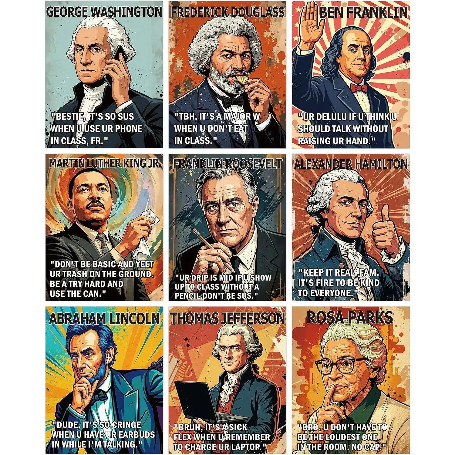 Funny Classroom Rules Posters Set, 9 Pcs Meme Style US History Wall Art for Class Room, Oil Painting Behavior Expectations Decor for Middle High School Bulletin Board Back to School Supplies 11 x 14 in