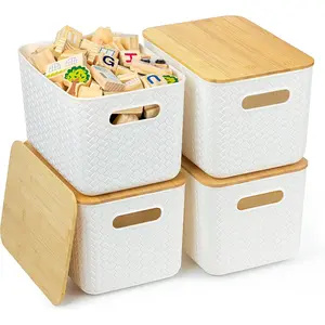 4 Packs Storage Bins with Bamboo Lids - Plastic Storage Containers with Lids Stackable Storage Box: Storages Baskets for Organizing Desktop Closet Playroom Classroom Office,White