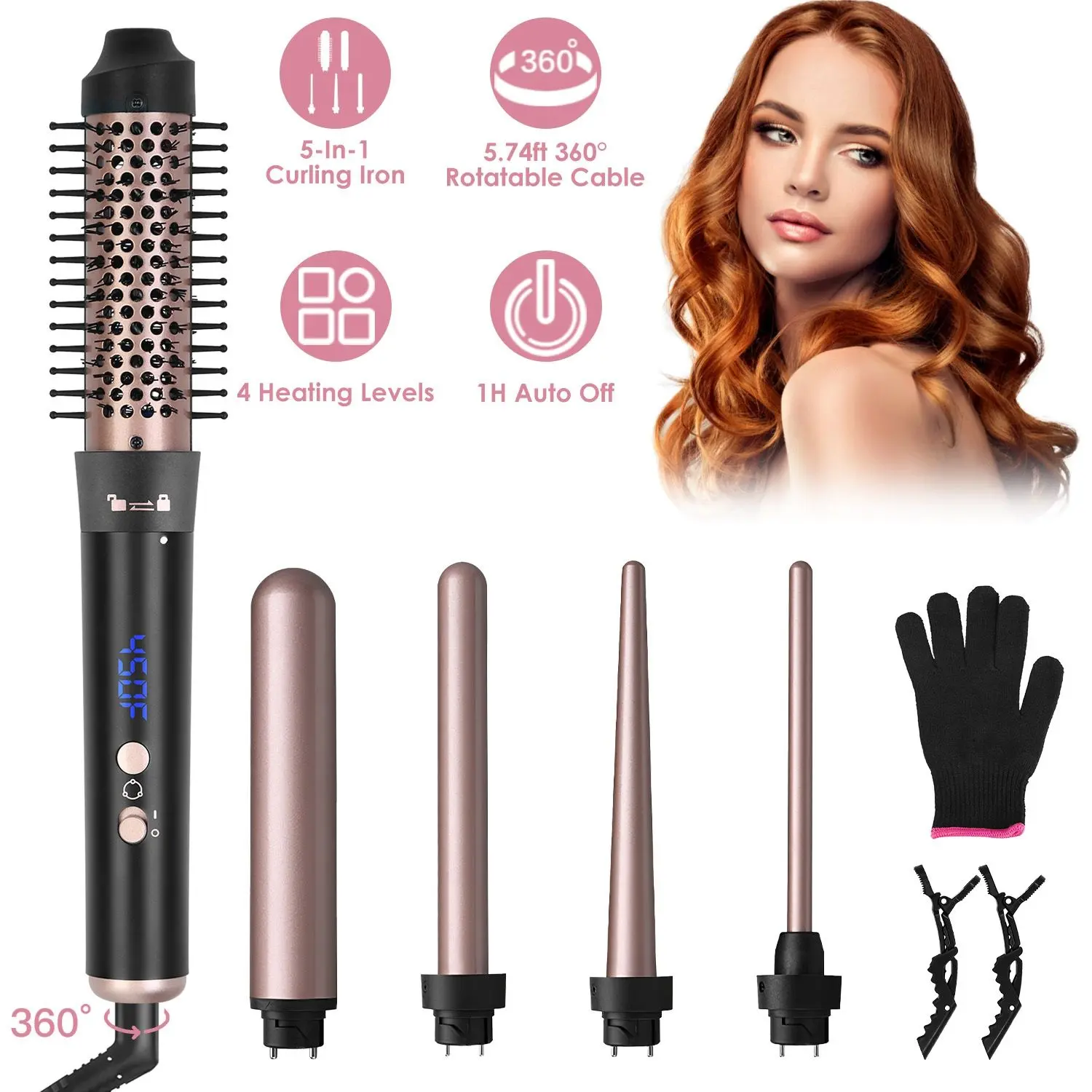 Adjustable 5-in-1 Curl Styling Kit, Unscented Hair Curler Wand Set with 4 Heating Levels, 360° Rotatable Cable, 5 Interchangeable Barrels, 2 Clips, Leakage-Protection Plug, 1H Auto Off - Ideal Gift for Mum