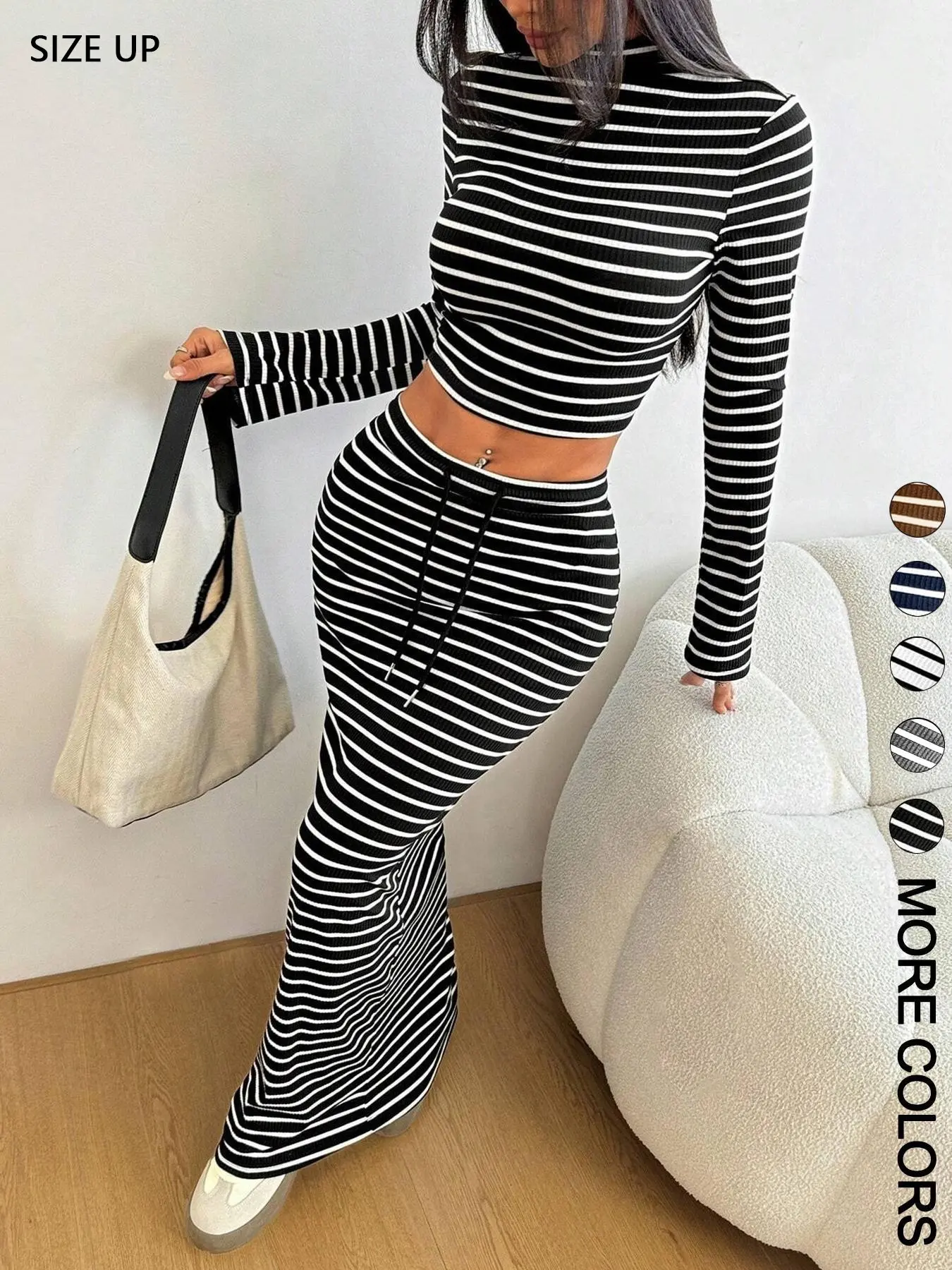 Size Up Women's Striped Print Long Sleeve Top & Skirt Two-Piece Co Ord Set, Elegant Chic Skirt Sets Casual Two Piece Outfits, Fashion Women Clothes for Daily Outdoor All Seasons Wear