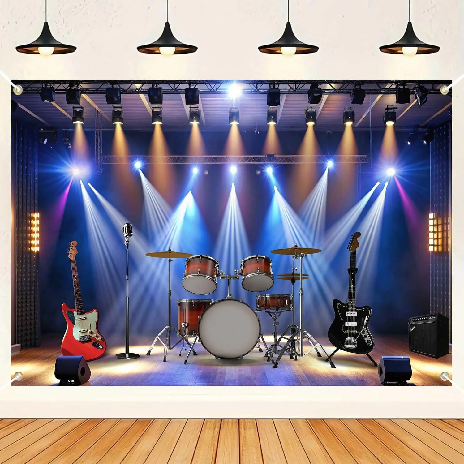 Rock Roll Band Live Backdrop  Concert Stage Spotlights Musical Instrument Photo Backdrop  Night Family Carnival Party Decoration Portrait Studio Props 7x5ft HYLC026