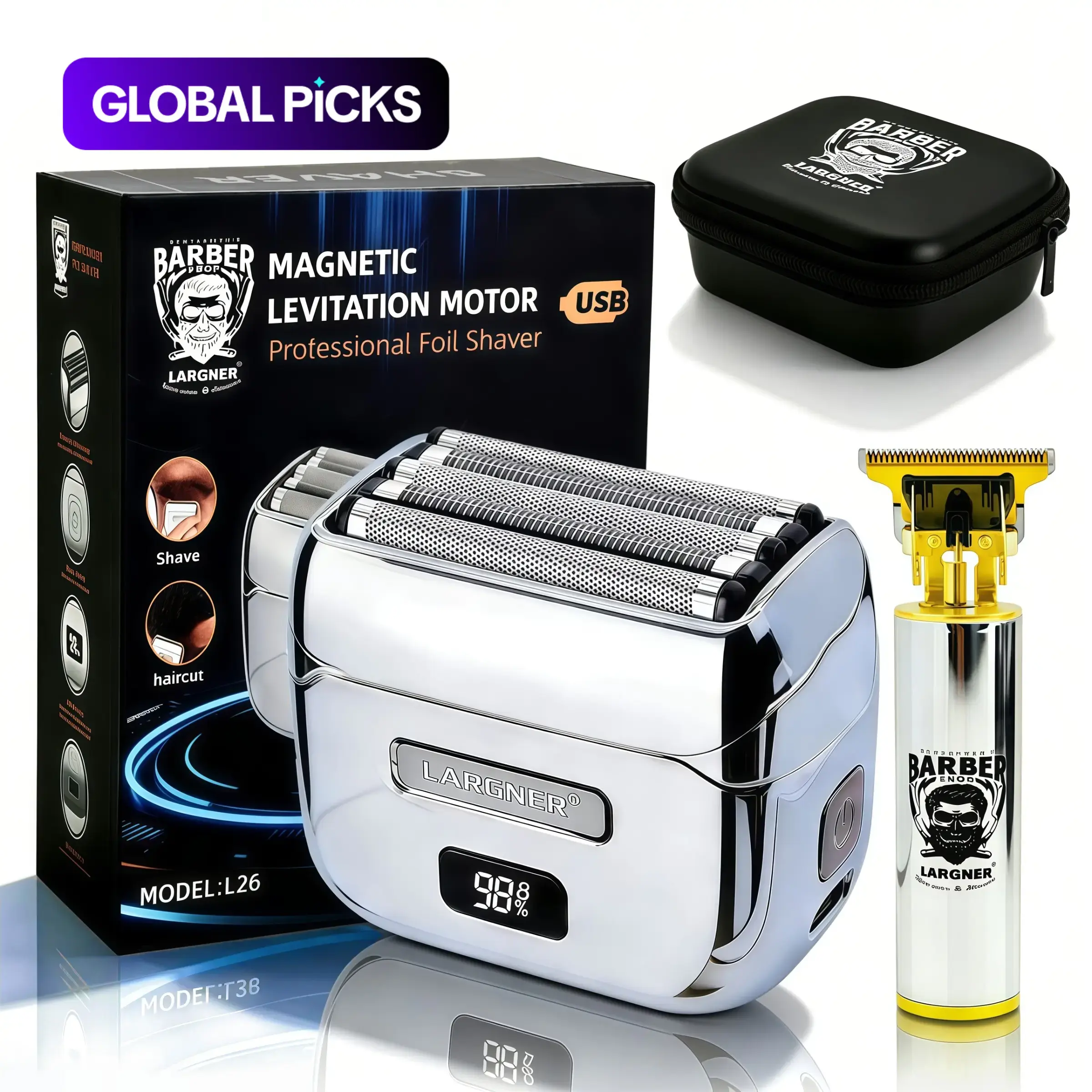 Largner 2 in 1 Silver Color Foil Shaver Set, Magnetic Levitation Motor, Waterproof Electric Razor for Men, LED Display, Travel Case Included, Cordless Waterproof Shaver, Portable Shaver, Showerproof Cordless Shaver, Rechargeable Shaver