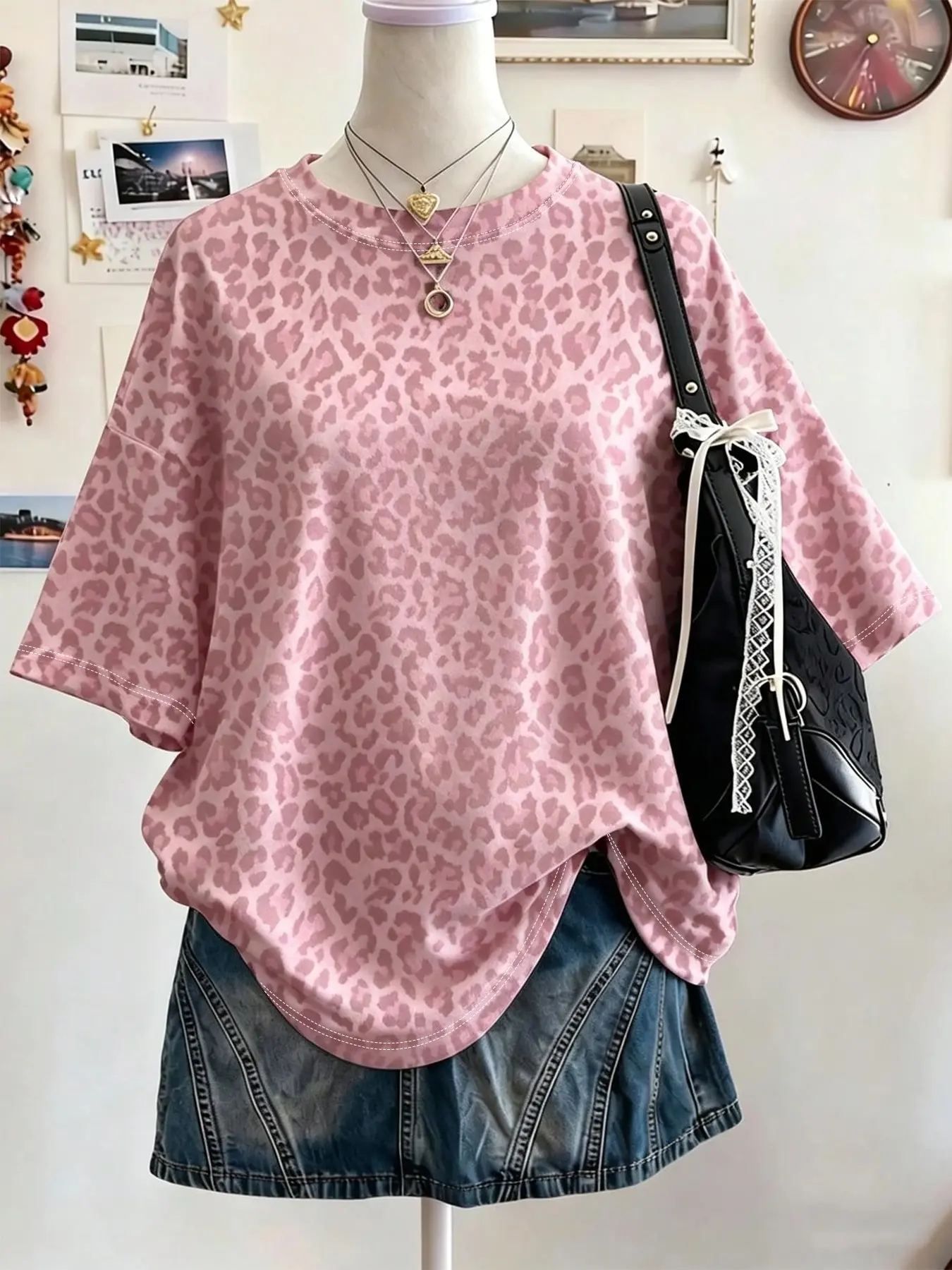 Women's Y2K Casual Sweet & Cool Short Sleeve T-Shirt, Casual Trendy Tee, Pink Leopard Print Crew Neck Loose Top, Ideal For Summer Everyday Daily Wear, Vacation And Street Outfits