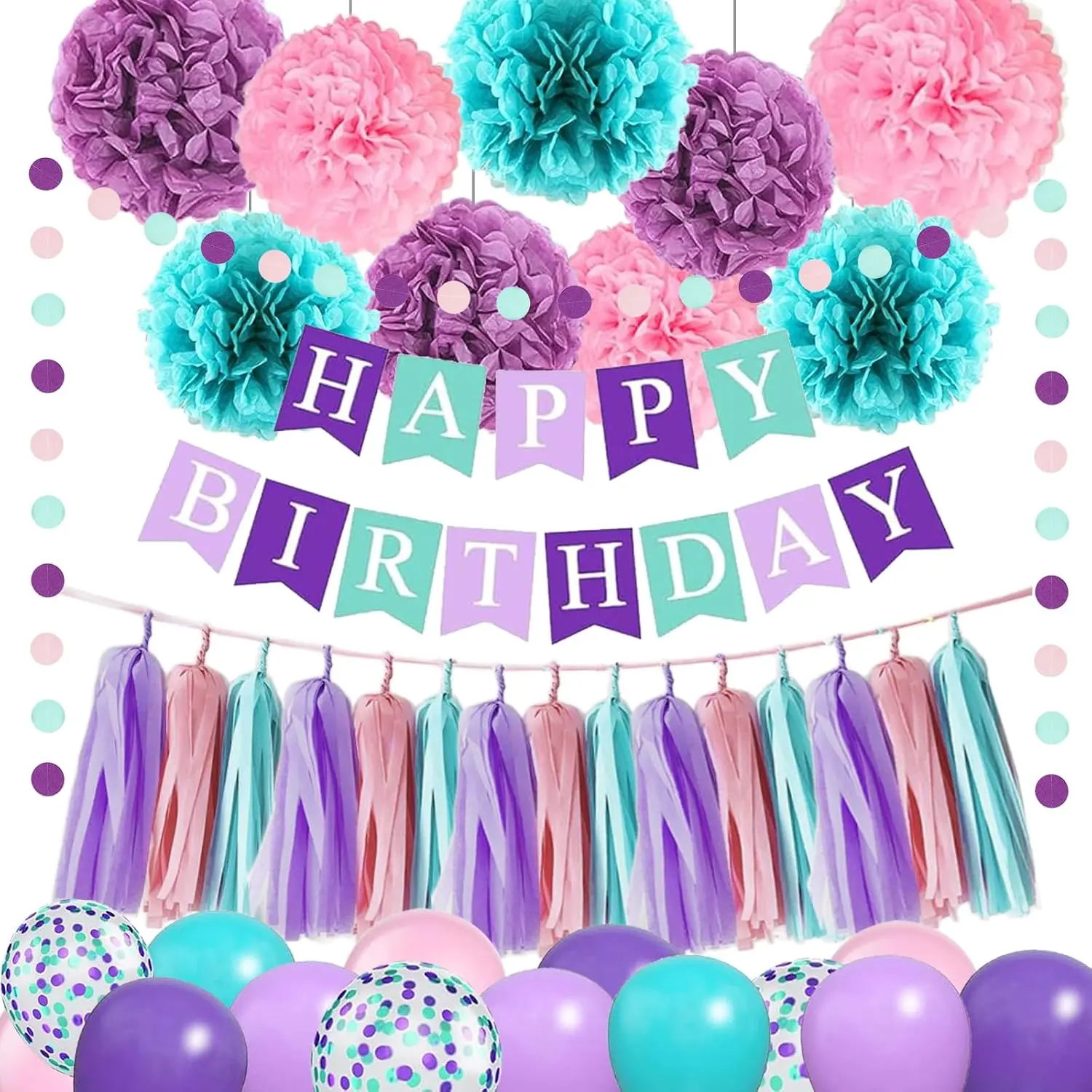 Teal Blue Birthday Decorations,  Birthday Party Decorations for Girls Women with Banner PomPoms Tassels Balloons