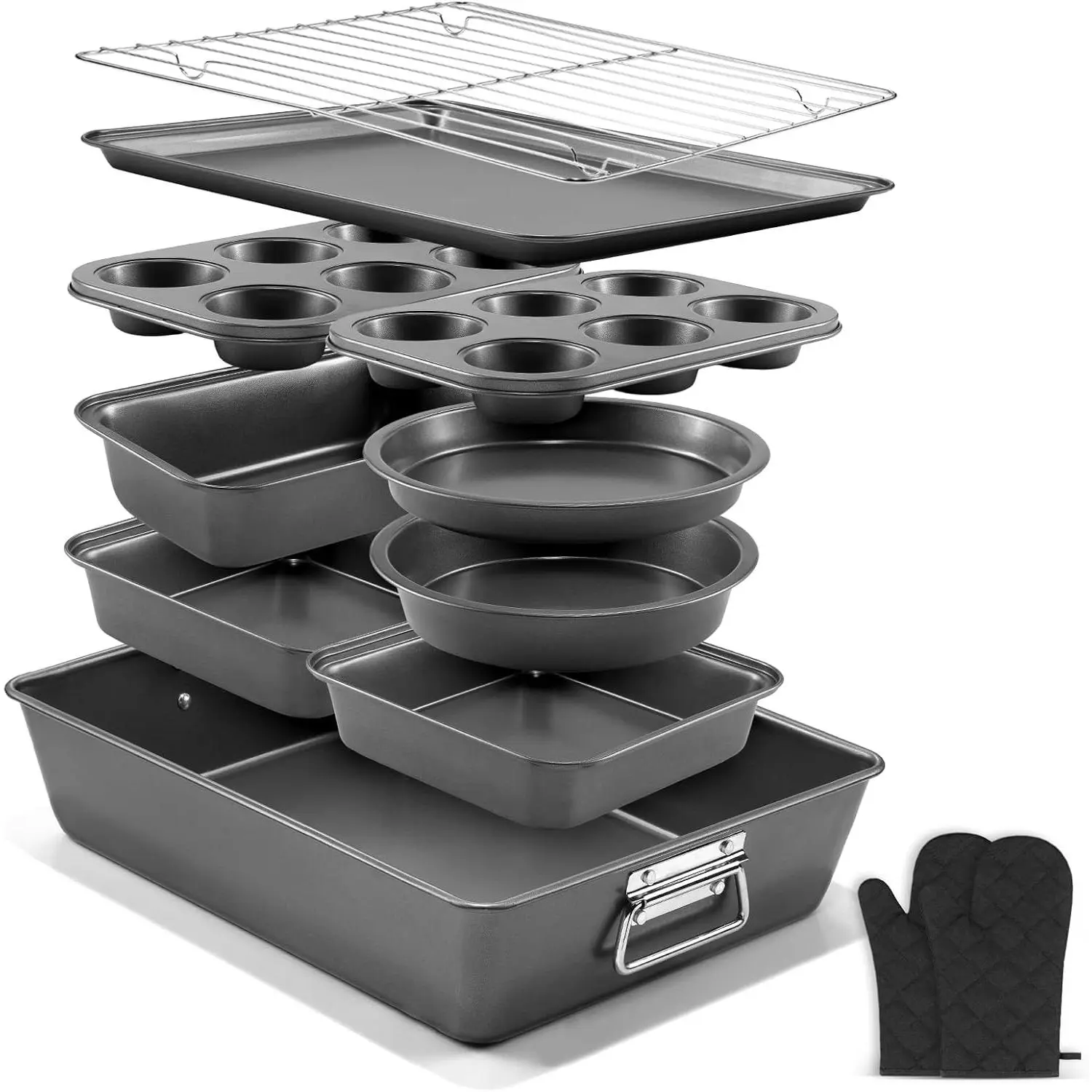 12PCS Nonstick Bakeware Set, Non-Toxic Carbon Steel Baking Pans Set with Wider Grip, Includes Roasting Pan, Cookie Sheet, Cake Pans, Muffin Pans, Cooling Rack, Oven Mitts, Easy Release