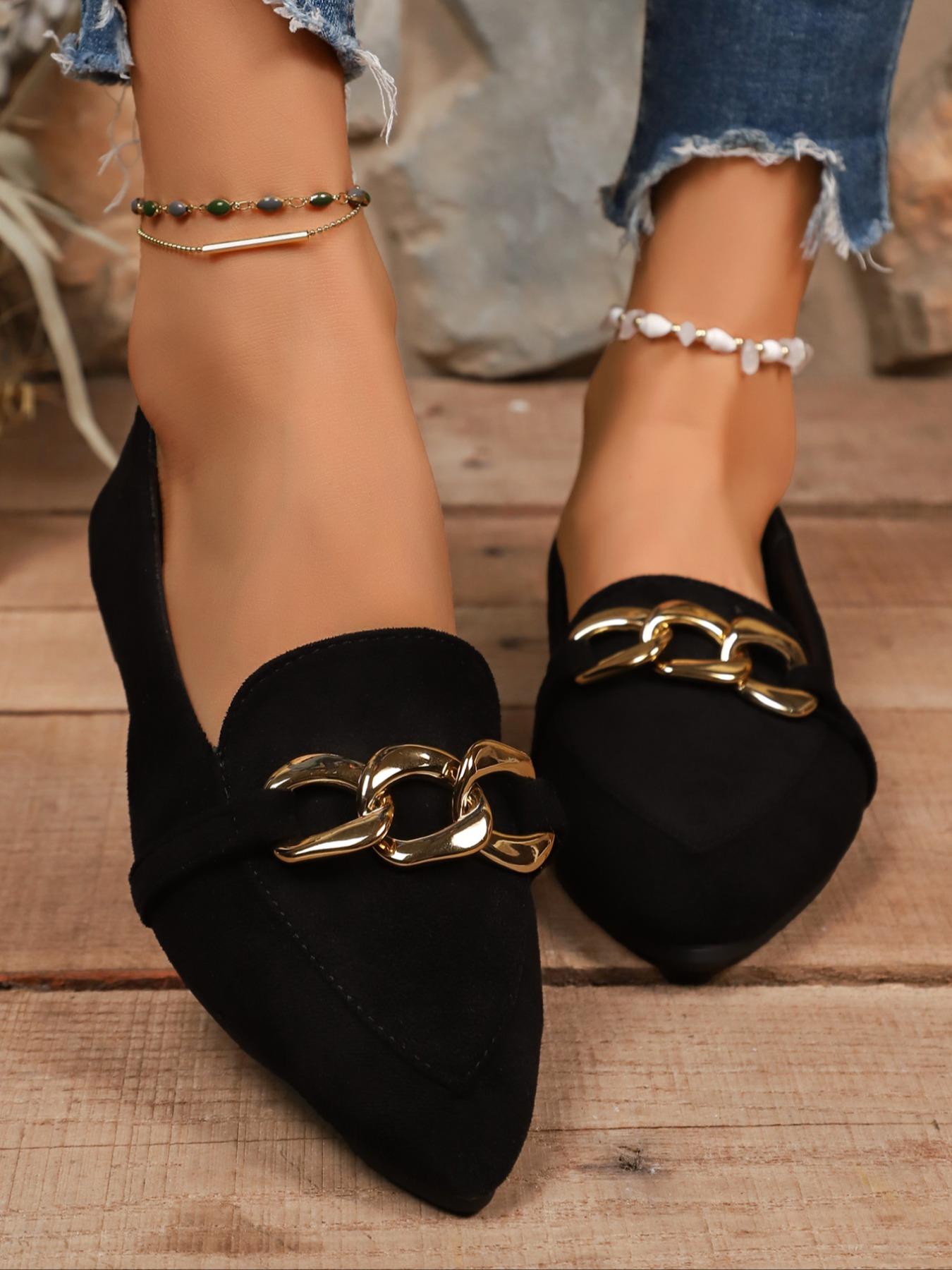 Pointed-Toe Velvet Material Loafers with Chain Buckle, Elegant Retro Style Comfortable Flat Sole Shoes for Work & Casual Wear