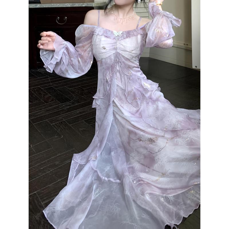Women's Off-Shoulder Longsleeves Dress - Elegant Lavender Blue Gradient Floral Print, Ruffle Details, Character Outline, Polyester Clothes, Casual Wear, Spring-Summer Wedding Guest Attire
