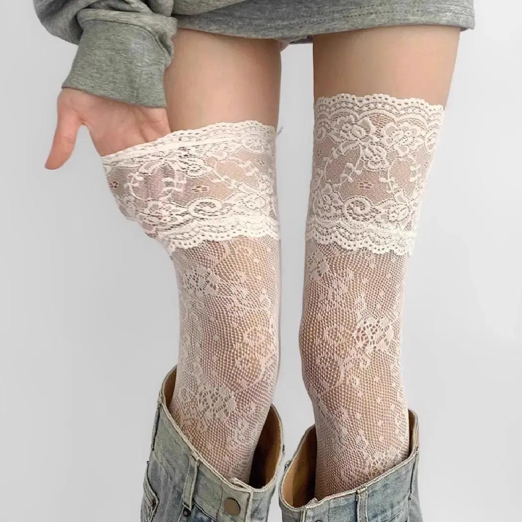 Female Hollow Out Fishnet Stockings - Sexy Lace Floral Knee Highs, Breathable Mesh, Retro Lolita JK Style, One Size, As Pictures Show