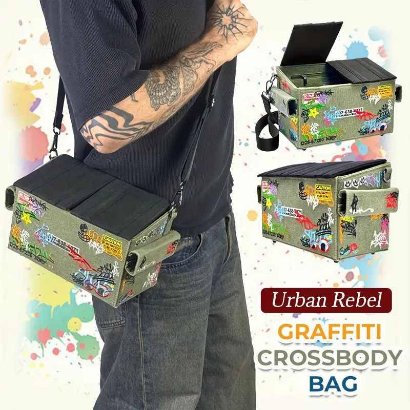 Graffiti Trash Can Shaped Crossbody Bag, Novelty Garbage Bin Shoulder Purse, Spacious Funny Messenger Bag for Men Boys Teens Adults, Unique Gift for Streetwear Travel, Casual Fashion Bag
