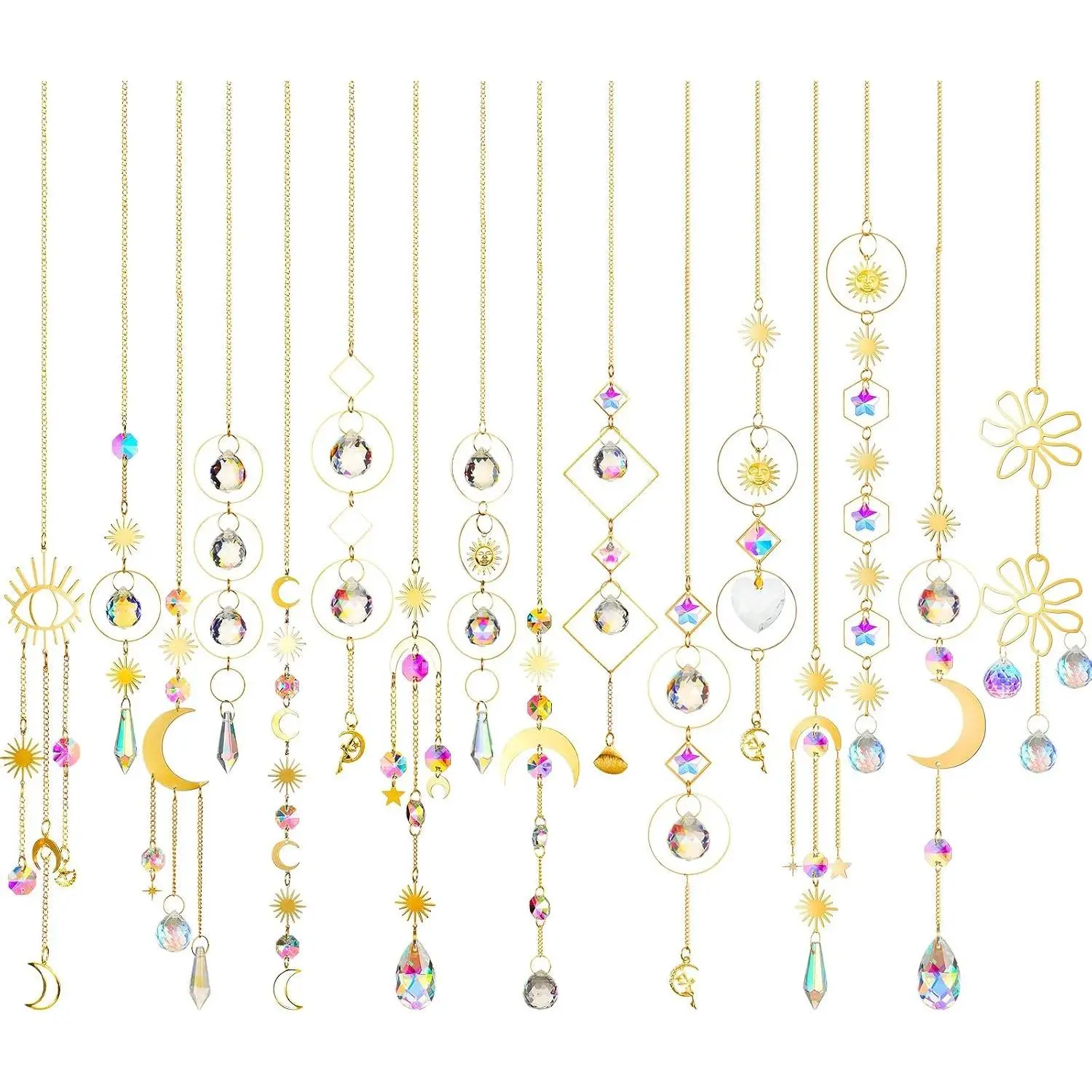 16-Pcs Crystal Glass Suncatcher Pendant with Chain, Light Refraction Rainbow Hues Ornament for Window, Garden Wedding Decoration Gift