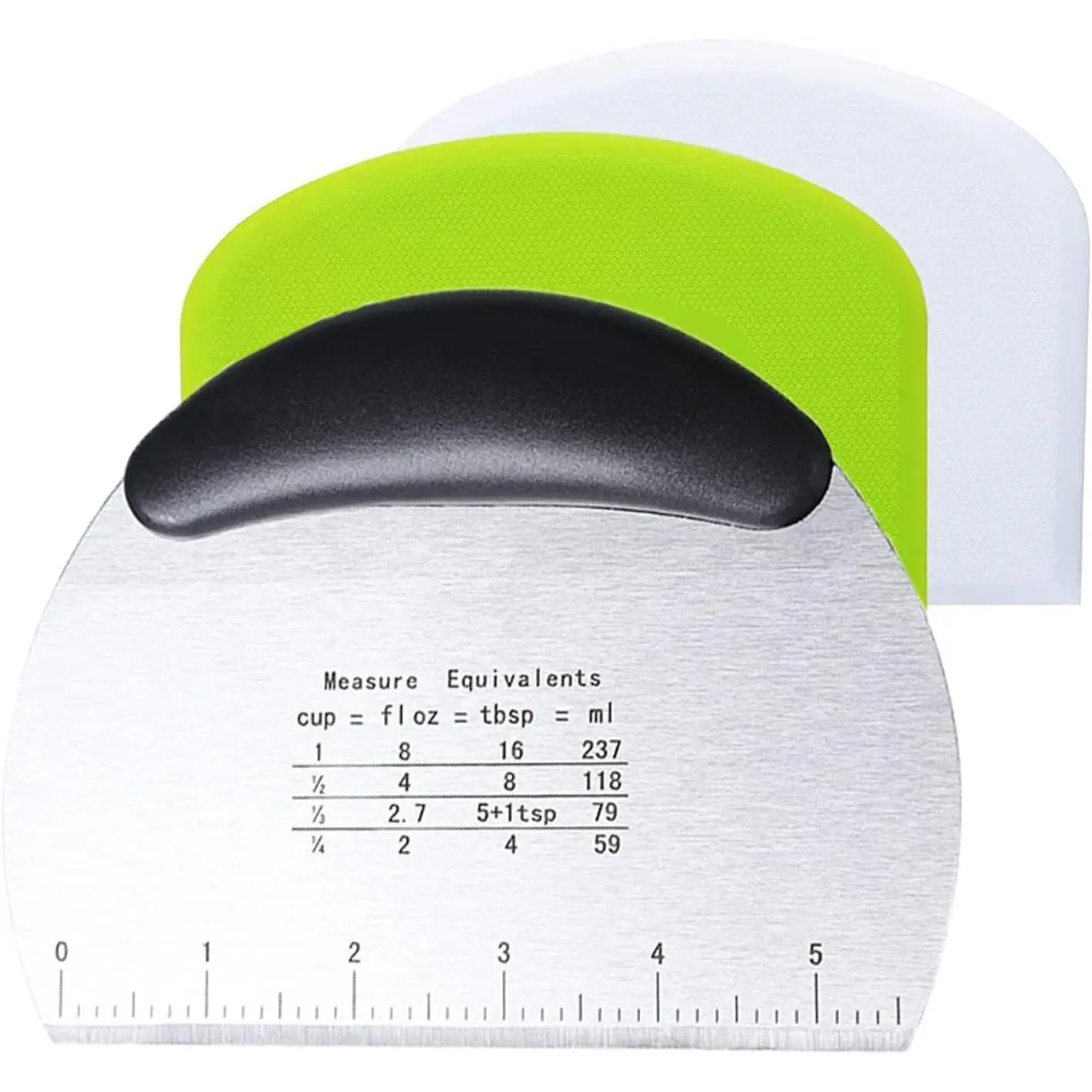 3- Stainless Steel Dough Scraper set + Pizza Spatula Set – Kitchen Baking Tools With Measuring Scale, Includes 2 Plastic Cake and Bread Cutters, Suitable for Shaping Pizza and Pastries.