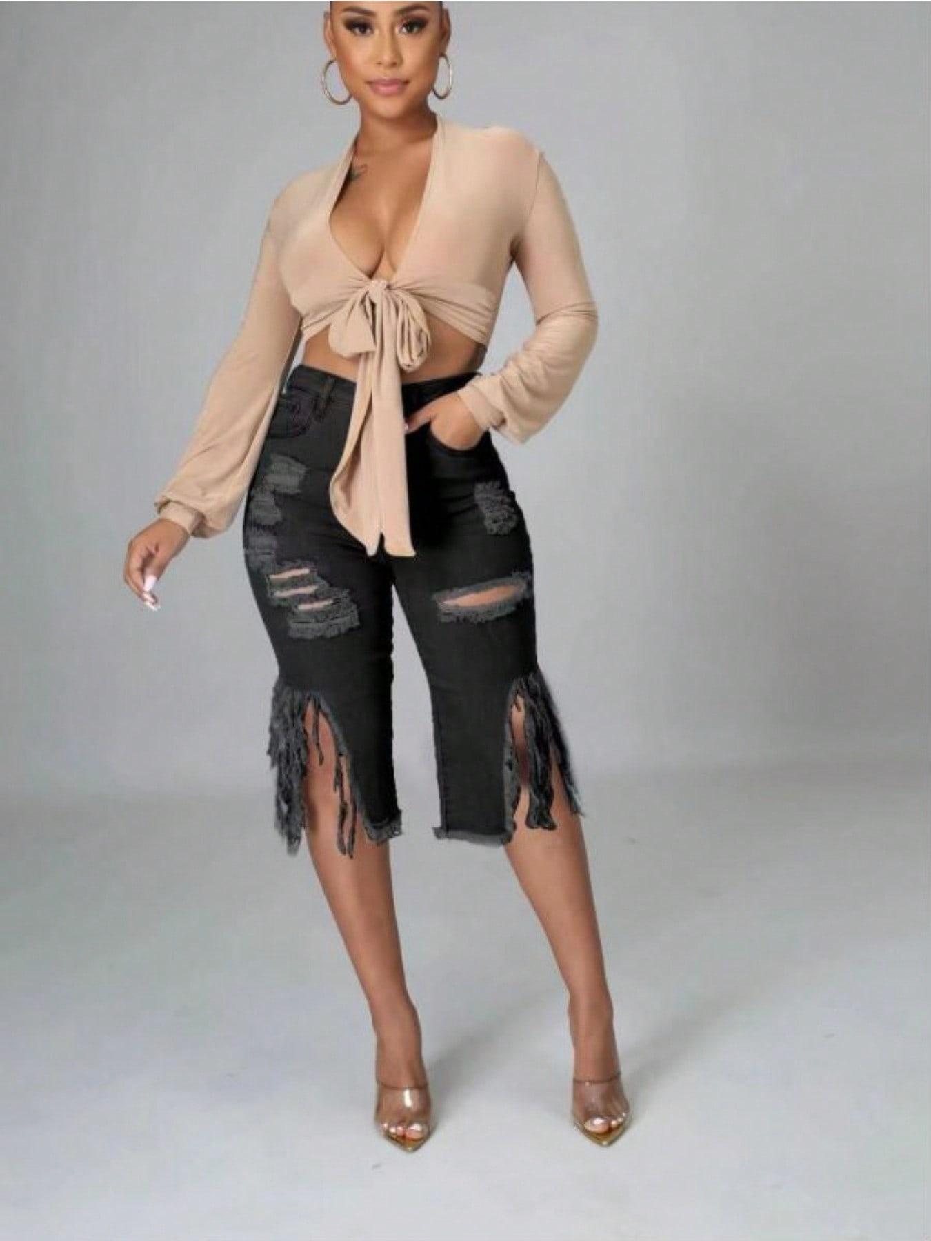 Ripped Denim Shorts Stretch High Waist Trendy Women Distressed Fringe Casual Summer Fashion Must Have SpringStatements