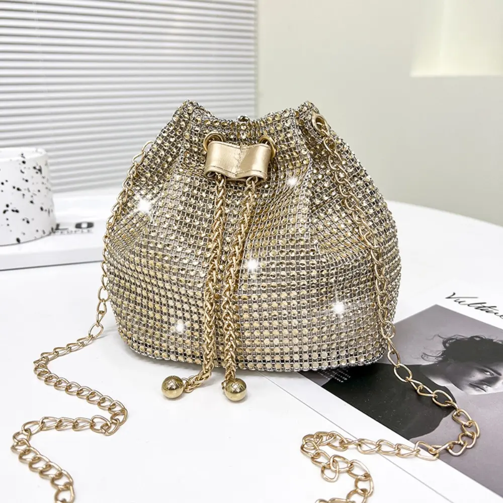 Women's Full Rhinestone Drawstring Mini Bucket Crossbody Bag - Adjustable Thin Metal Chain Sparkly Evening Purse for Prom, Wedding (Crossbody Bags for Women), Handbags For Women, Shoulder Bags