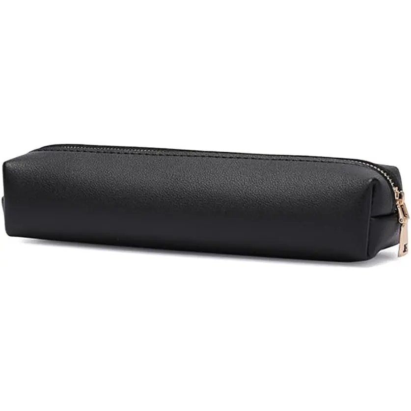 PU Pencil Case Leather Pen Bag Slim Pencil Pouch Lovely Stationery Bag Portable  Bag Zipper Organizer Bag (Black)