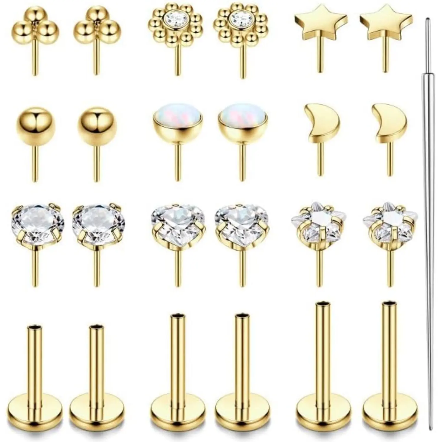 9 Pairs Surgical Steel Threadless Push-In Body Jewelry Set - 16G/18G/20G Labret Lip Studs, 6/8/10MM CZ Flat Back Earrings for Tragus Helix Conch Nose Piercing, Daily Wear