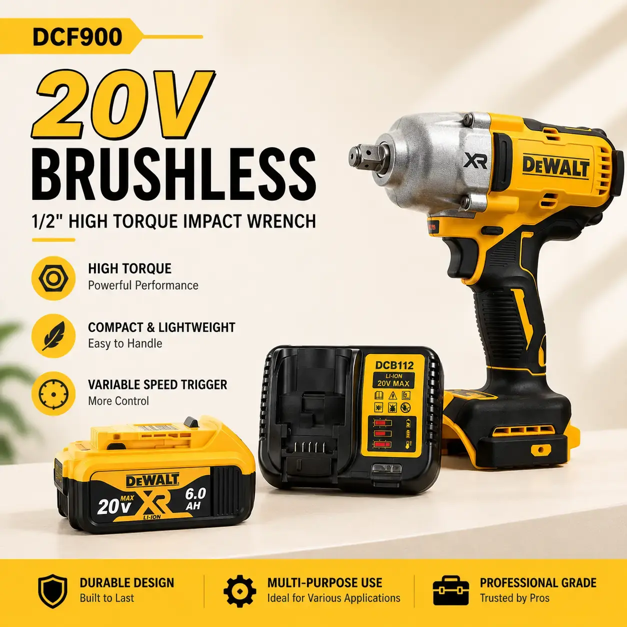 DEWALT DCF900 20V Cordless Impact Wrench with Hog Ring Anvil, High Torque Brushless Design, 1/2 Universal Battery, Charger Included