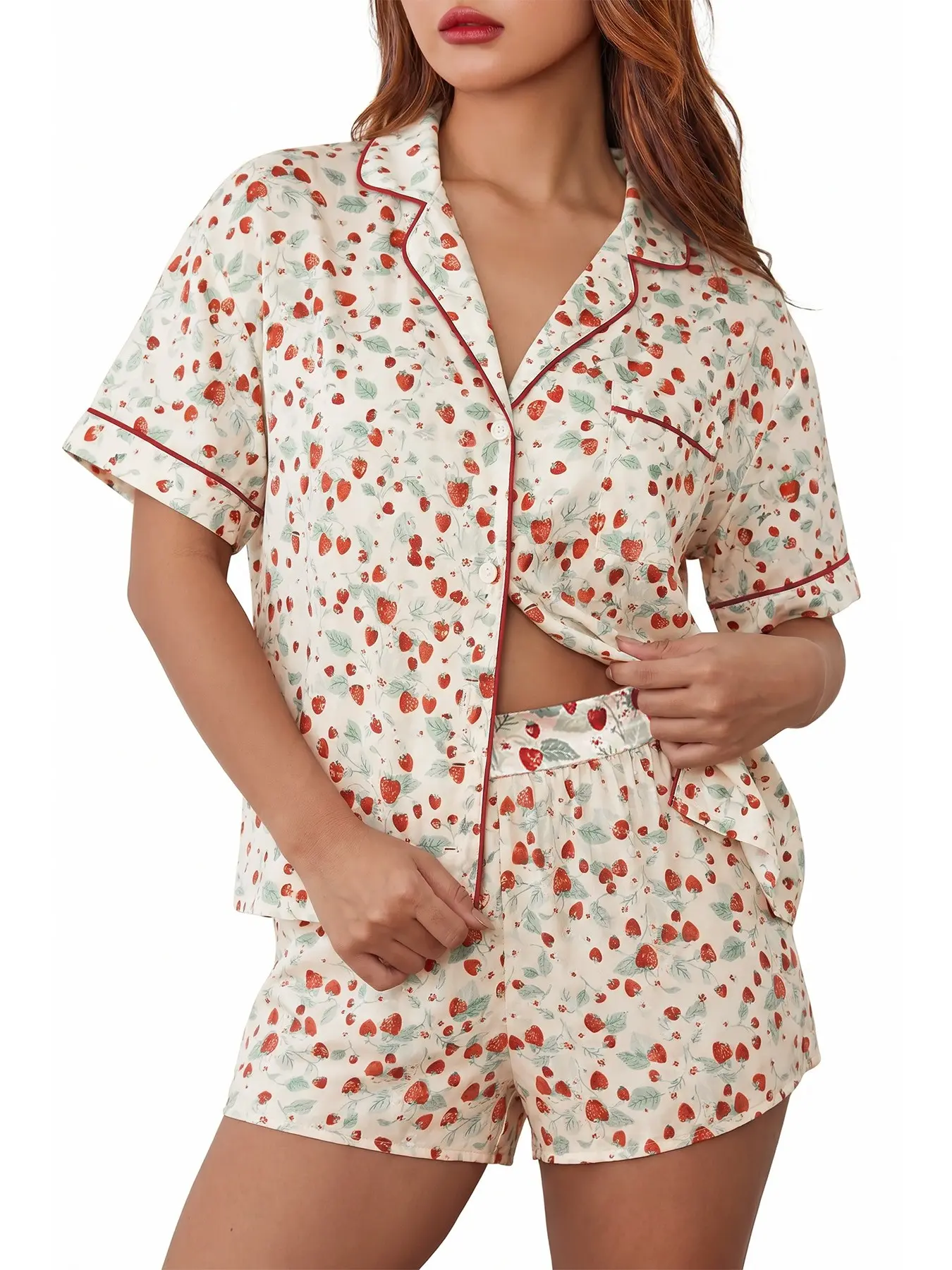 Women's Floral Print Crop Top & Shorts Satin Pajamas, Casual Comfy Short Sleeve Button Up, Ladies Sleepwear for All Seasons, Loungewear