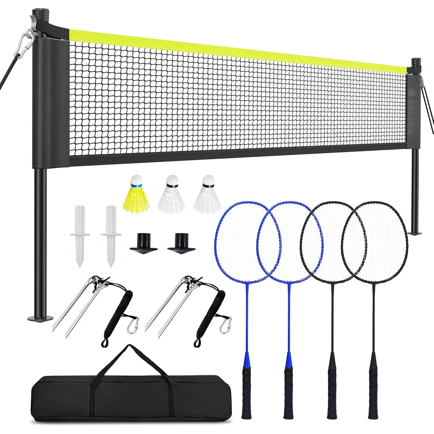 Outdoor Badminton Net Set with Anti-Sag Winch System - Official Size 20ft x 5ft, 4 Rackets, 3 Shuttlecocks, Durable PE Net, Compact Carry Bag, Click-Lock Poles, 5-Minute Setup for Backyard, Beach Family Games