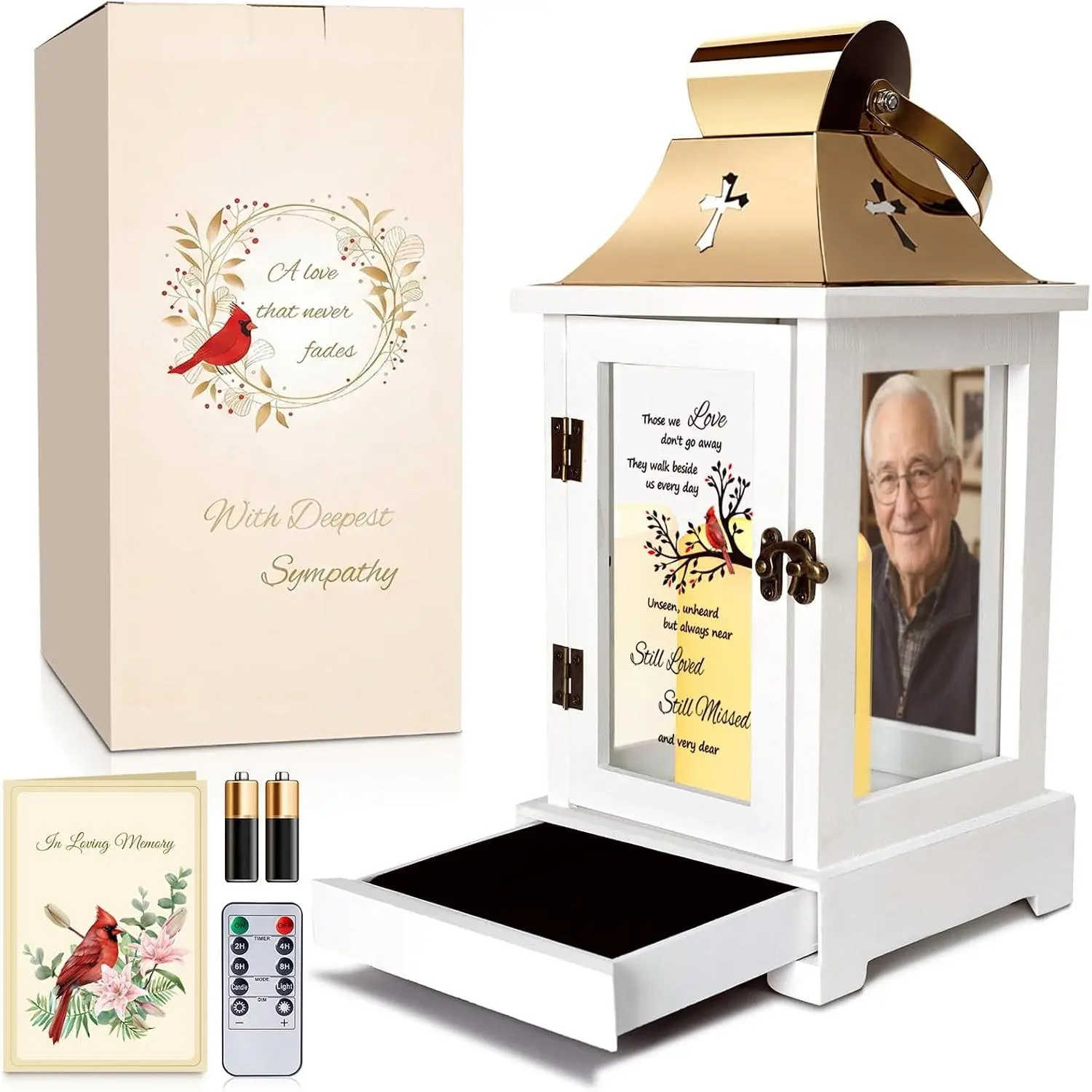 Sympathy Gifts for Loss of Loved One, Memorial Lantern with Keepsake Drawer, Photo Frame & LED Candle, Loss of Mother, Father, Husband| Bereavement Condolence & Funeral Remembrance Gift with Gift Box