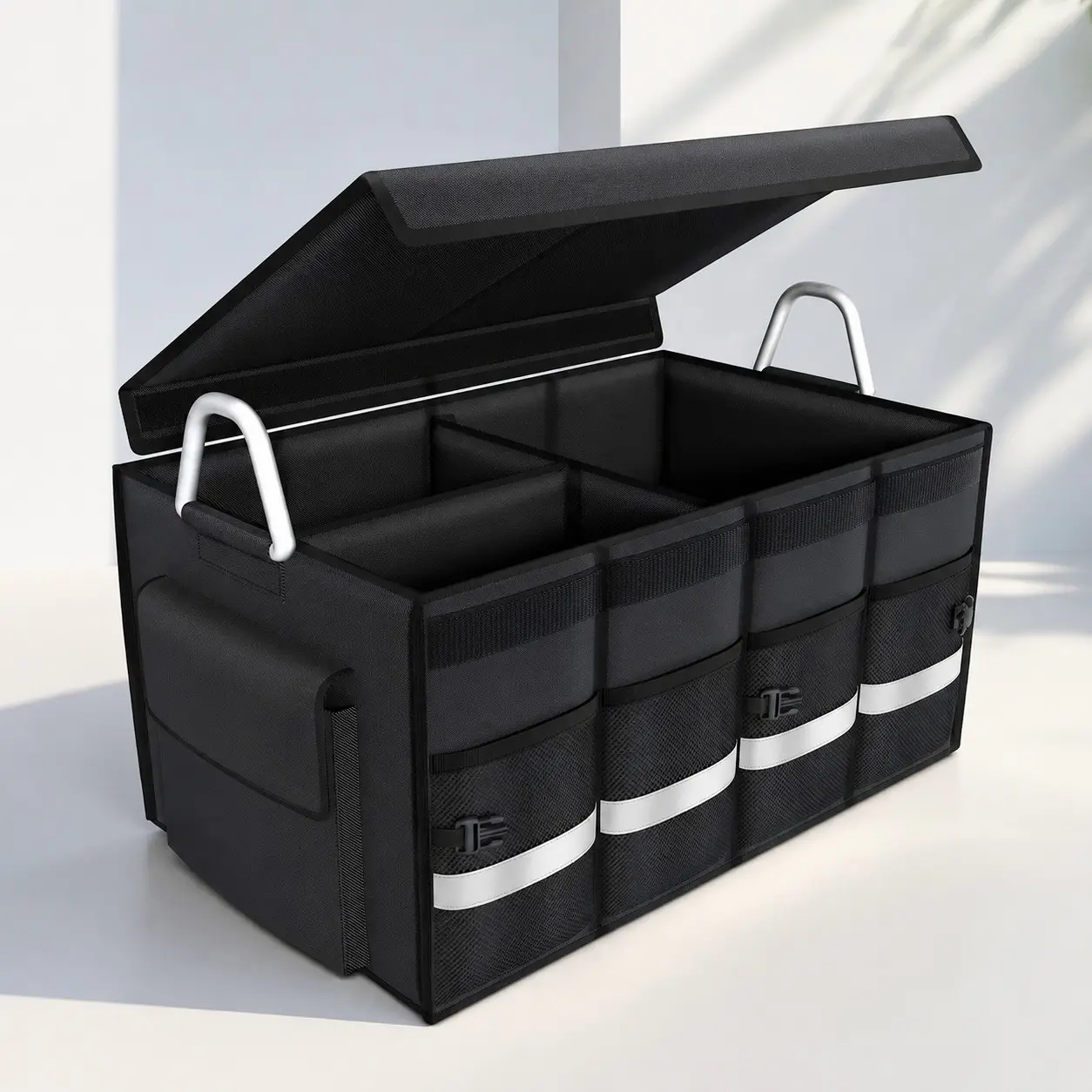 Car Trunk Organizer, Waterproof Collapsible Cargo Storage Box with Multi Compartments, Foldable Hard Lid, Aluminium Alloy Handles & Reflective Strips, Durable Organizer for SUV, Truck & Car (Large, Black) #Summervibes