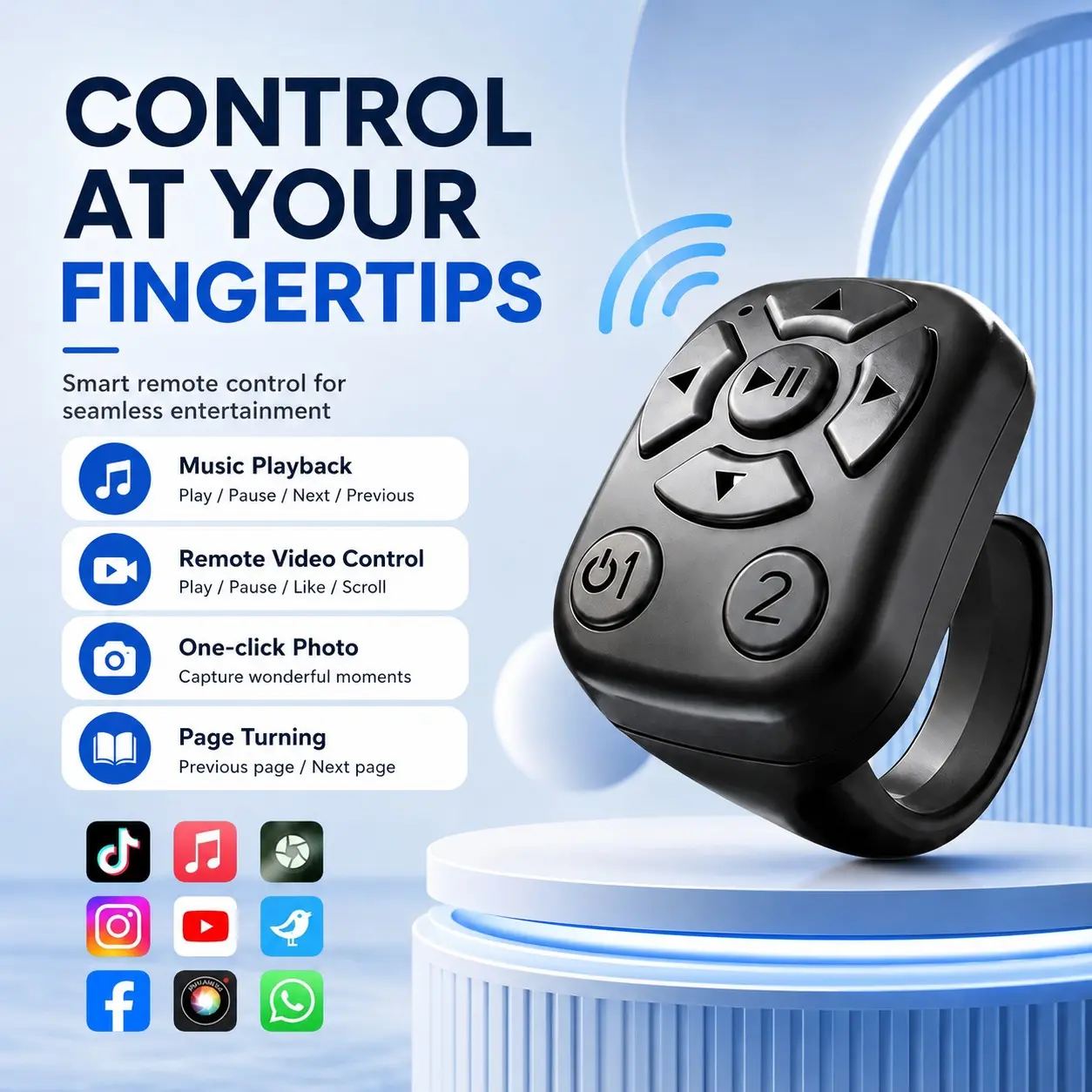 TikTok Remote Control Ring, Wireless Phone Video Scroller and Page Turner, Music Playback, Camera Shutter Remote for Selfies, Photo Capture, E-Book Reader Control, Short Video Scrolling for iPhone Android