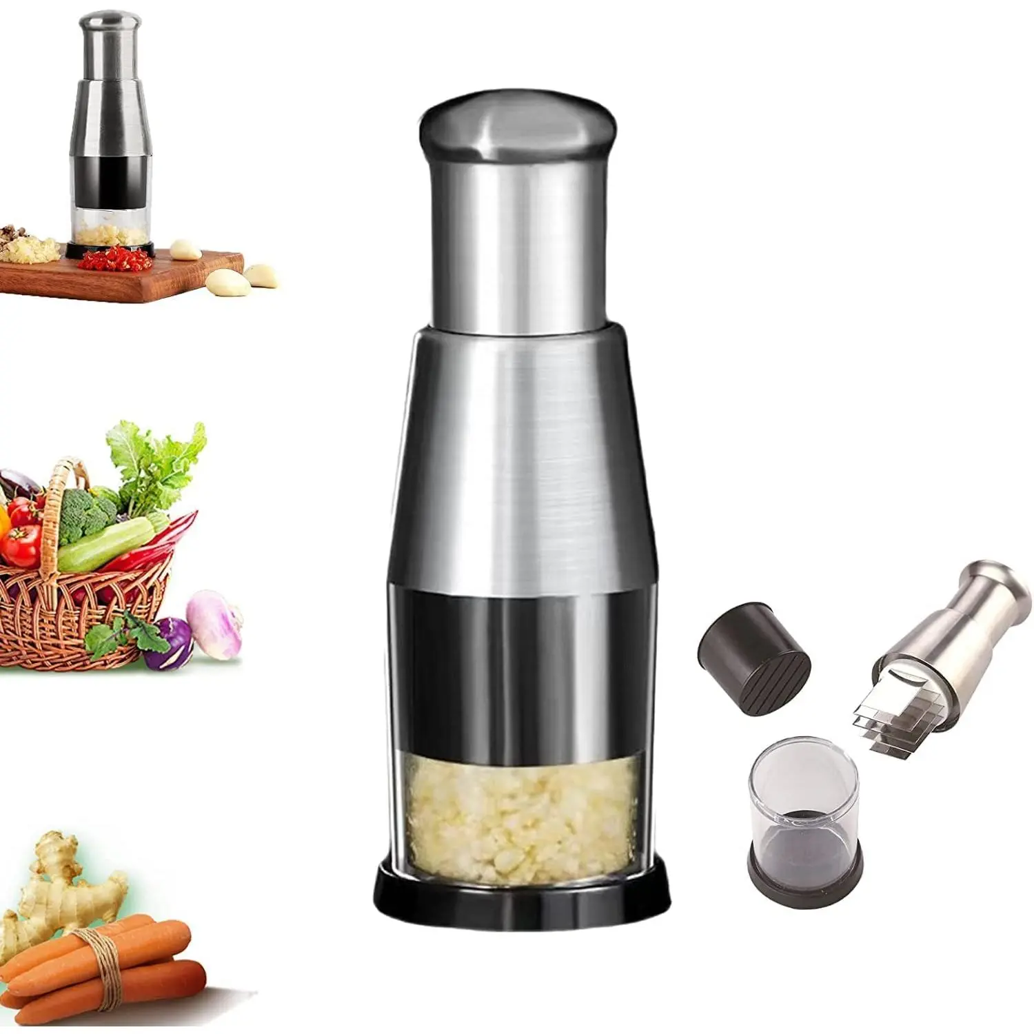 Multifunctional Stainless Steel Garlic Chopper, Onion Press, Manual Vegetable Chopper, Easy Clean, Silver Multifunctional Stainless Steel Garlic Chopper, Onion Press, Manual Vegetable Chopper, Easy Clean, Silver