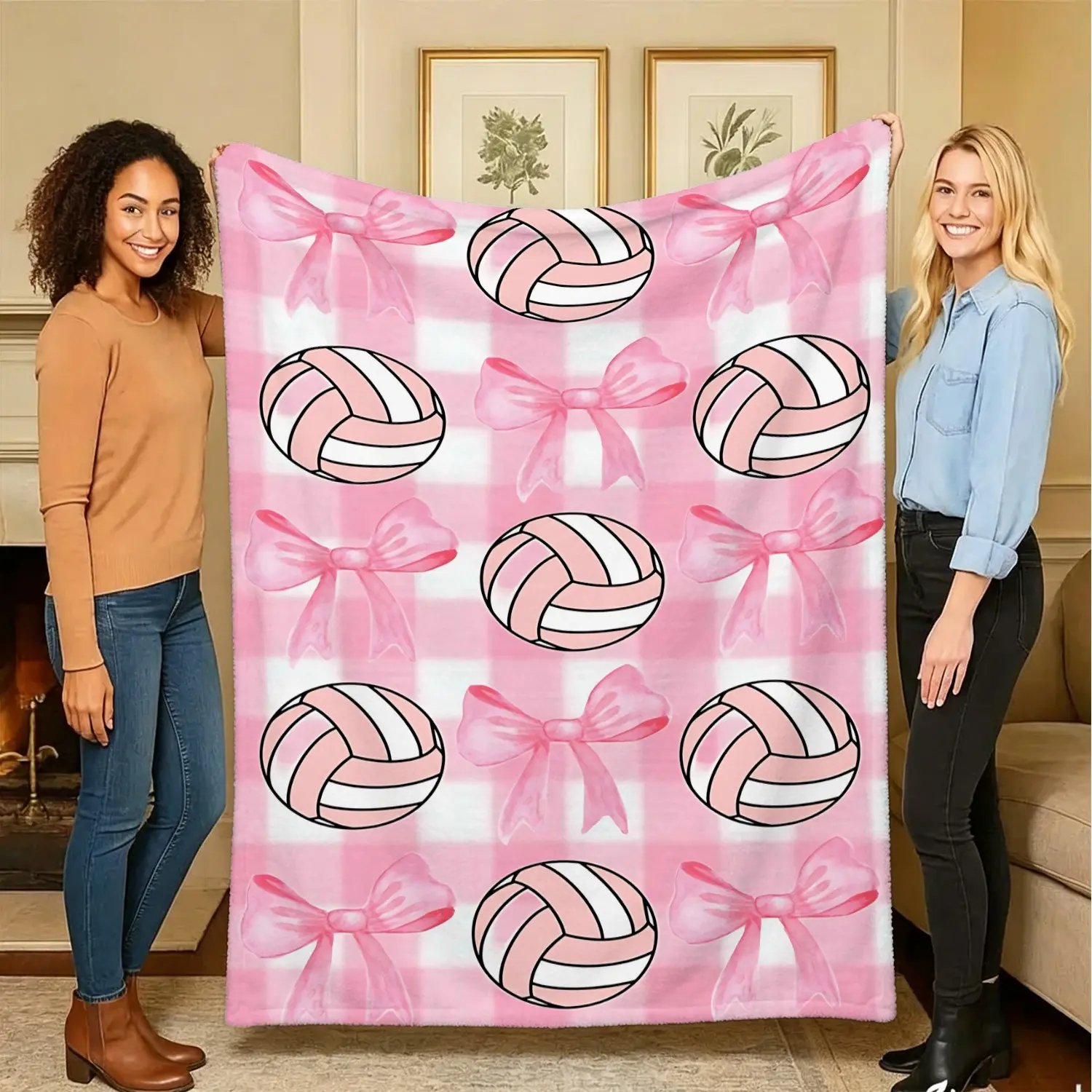 Pink Checkered Volleyball Bow Blanket: Cute Girly Sports-Themed Flannel Blanket, Soft, Fluffy And Warm, Suitable For Outdoor Activities, Living Room, Sofa, Office, Camping And Travel, Lightweight And Breathable Blanket, A Great Gift For Girls.