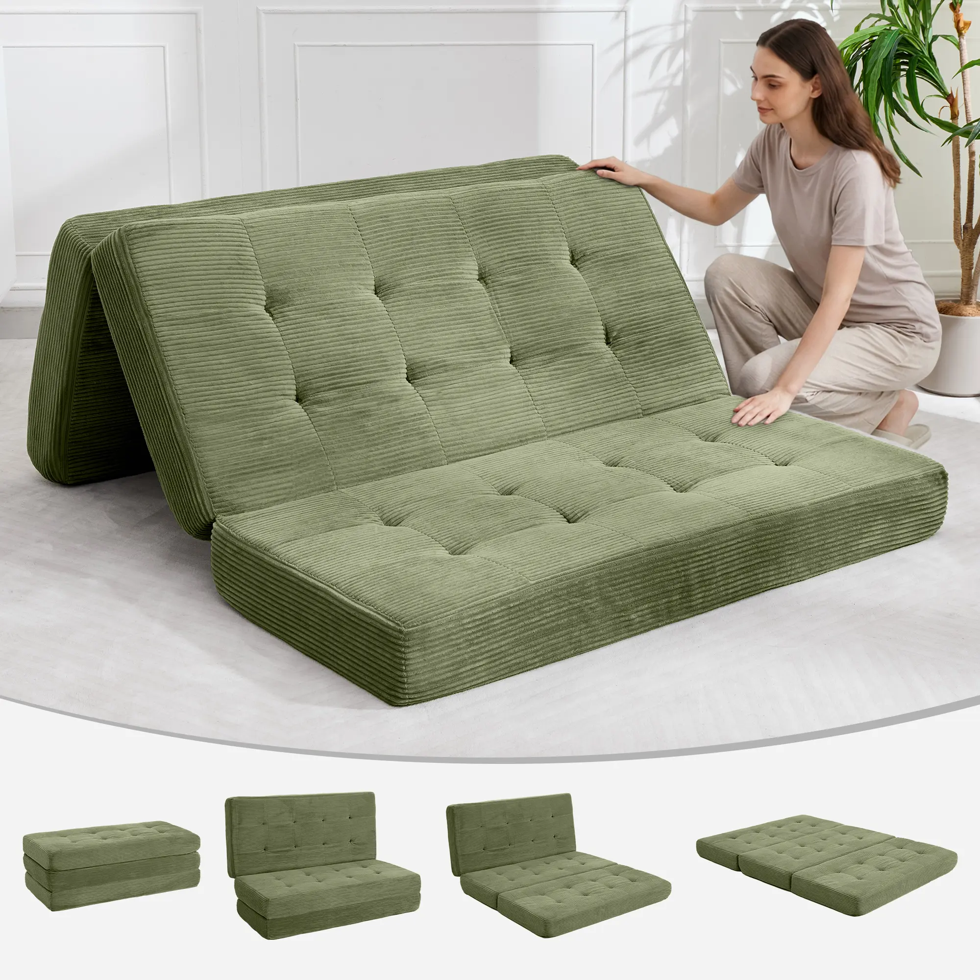 6"  Full Size Tri-Fold Mattress, Tufted Folding Corduroy with Chenille Fabric, Portable Floor Guest Mat for Adults, Foldable Sleeping Pad for Camping, Guest & Toddler, 80.4" x 60" x 6"