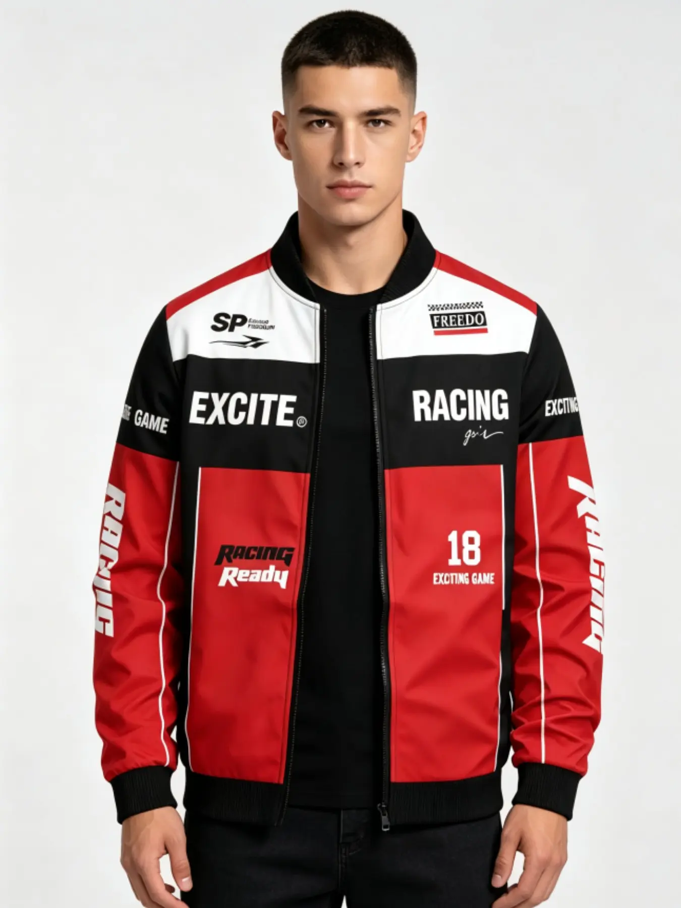 Men's Patchwork Motorcycle Racing Baseball Jacket, Full Print Pattern, Ribbed Neck Zipper Windproof Coat, Streetwear Trendy
