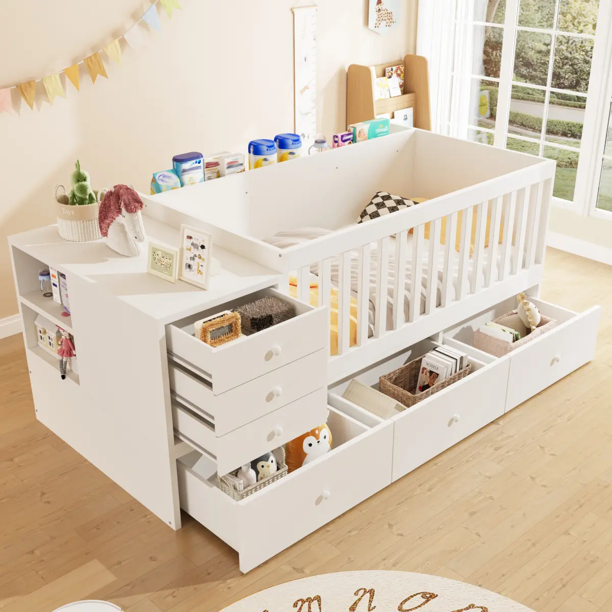 Montessori Bed with Storage, Convertible Crib to Daybed with Drawers, 2-in-1 Baby Crib with Solid Wood Guardrails,Changing Table & Storage Drawers,Compatible with standard US toddler mattresses,Toddler Bed with Safety Rail,  White