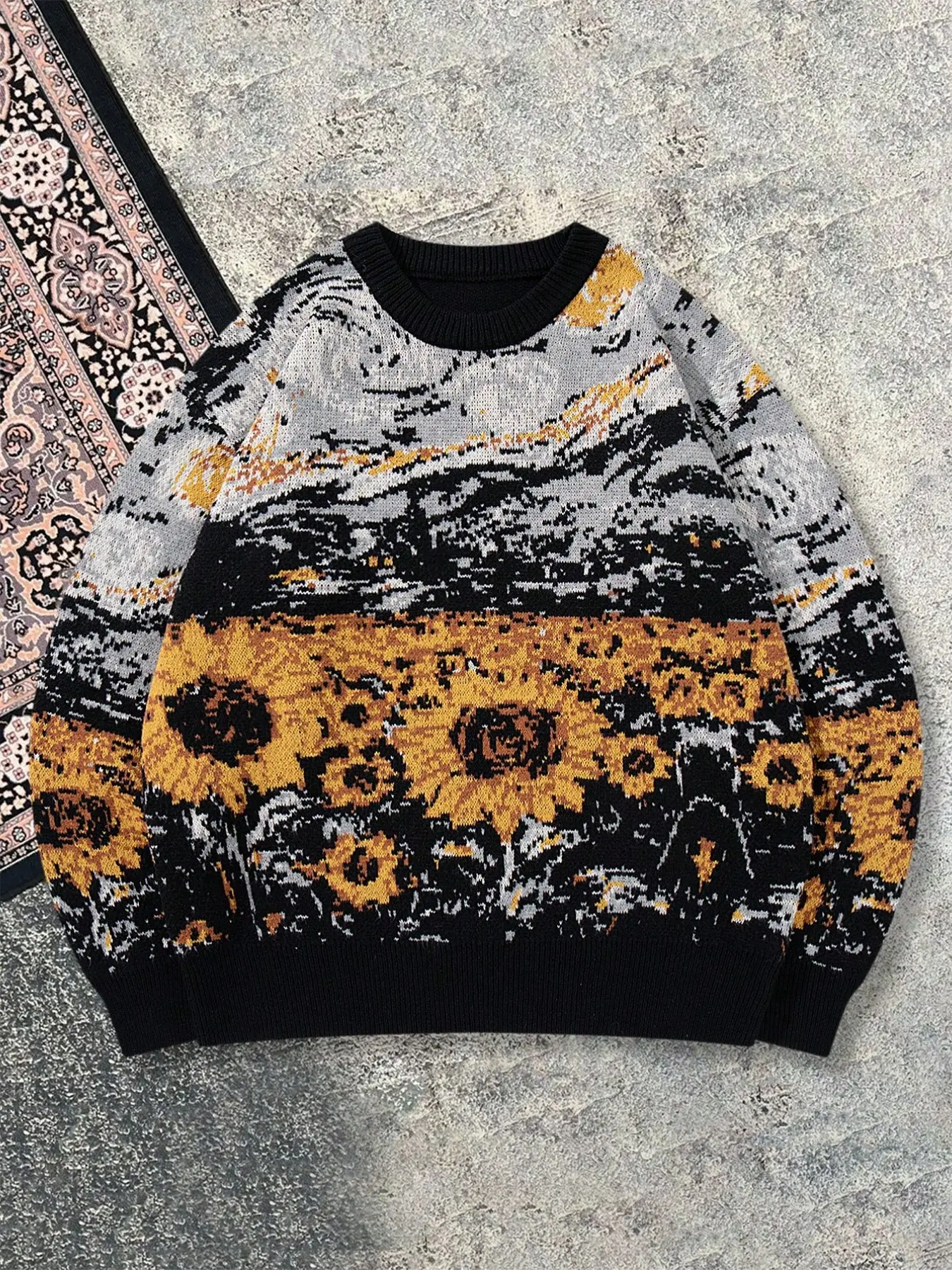 Men's Casual Long Sleeve Sweater, Knitwear, Floral Sunflower Pattern, Loose-Fitting, Round Neck, Spring & Fall, Ideal for Daily Wear, Home, Travel