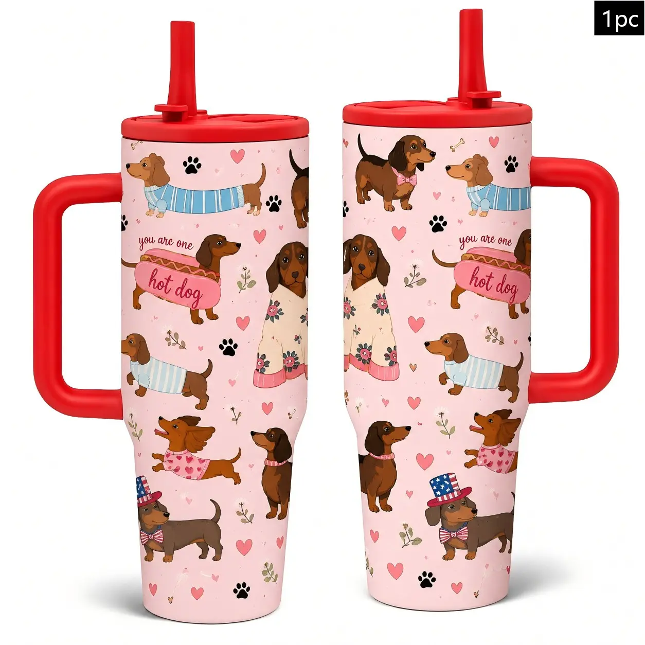 1pc 40oz Slim Dachshund Double Wall Vacuum Insulated Coffee Travel Mug with Handle & Leakproof Lid, Pink Wiener Dog Print Stainless Steel Thermal Tumbler with Straw, Insulation Drinkware, Retains Heat 12H & Cold 24H, Ideal Pet Lover Gift