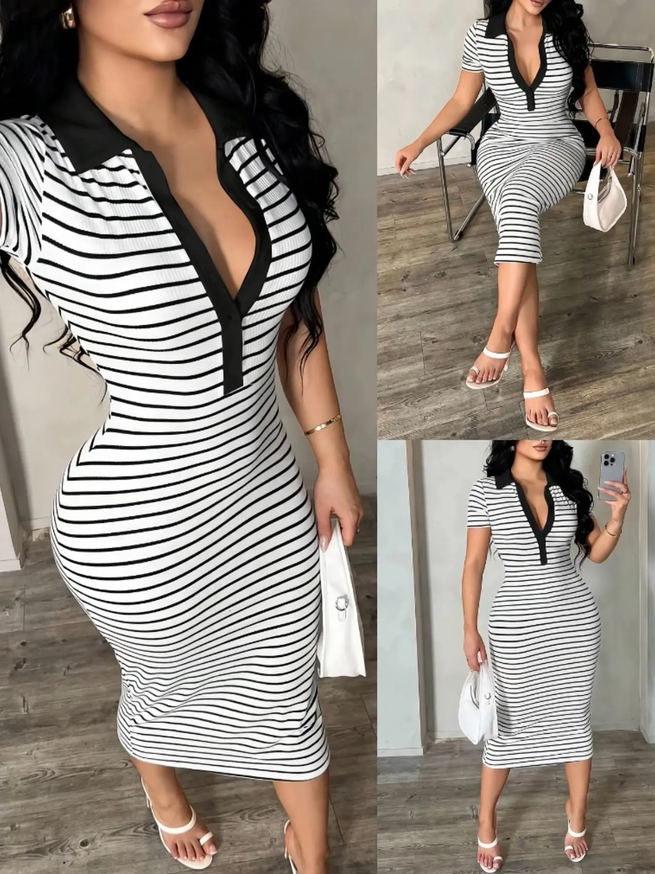 Women Knit Striped Deep V Neck Short Sleeve Bodycon Midi Dress, Curvy Figure-Flattering Soft Elegant Casual Dress for Spring & Fall, Suitable for Daily Commute, Dates, Office, Vacations & Gatherings