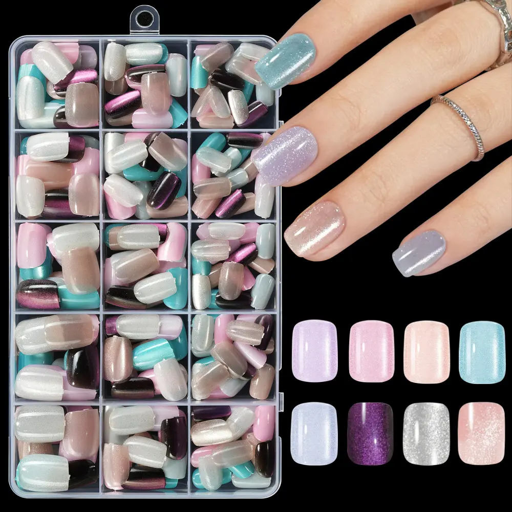 240pcs Short Square Cat Eye Press-On Nails, Glossy Full Coverage Removable Fake Nails, 8 Colors, Ideal for Daily Use and Parties Press Ons Nail