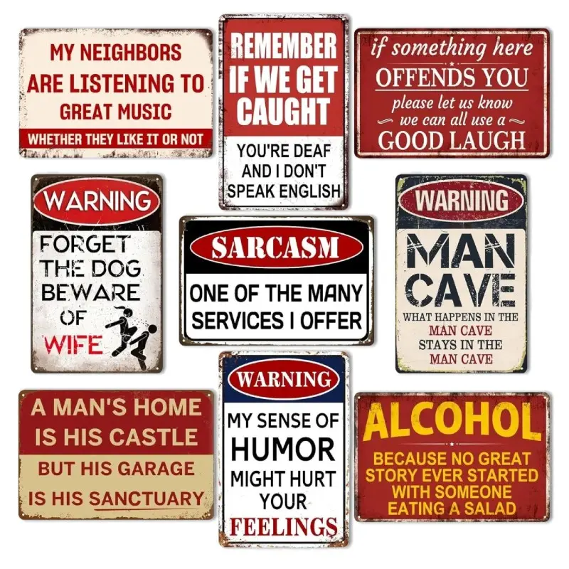 9Pcs Funny Sarcastic Warning Metal Tin Sign Vintage Distressed Rust Man Cave Garage Alcohol Humorous Quote Wall Plaque Decor for Bar Workshop Basement Backyard Indoor Outdoor Hanging Wall Art Decor Metal Signs