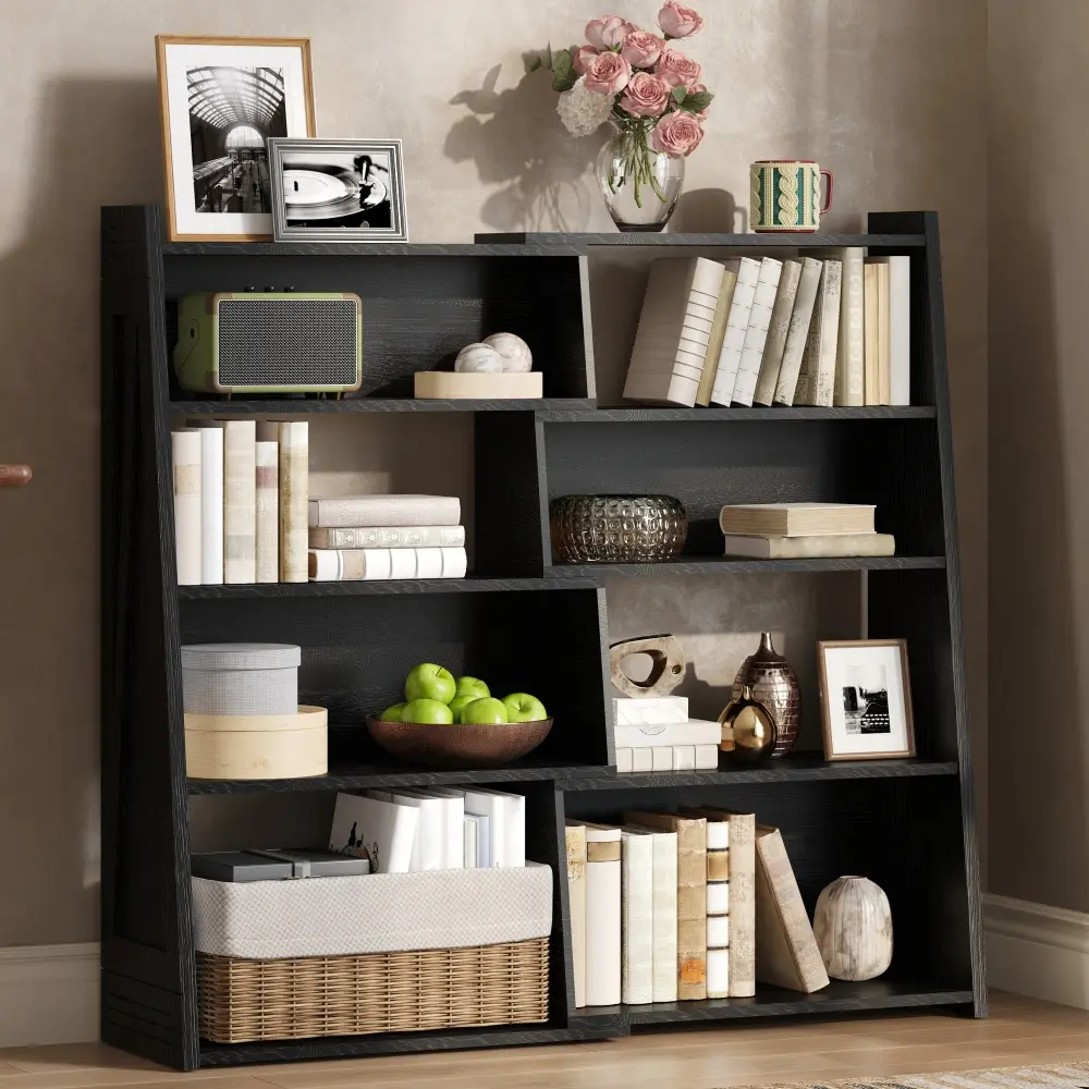 4-Tier L-Shaped Expandable Wooden Corner Bookcase, 2-Piece Adjustable Freestanding Storage Rack, Extendable Up to 47in Display Shelves for Small Spaces, Bedroom, Home Office