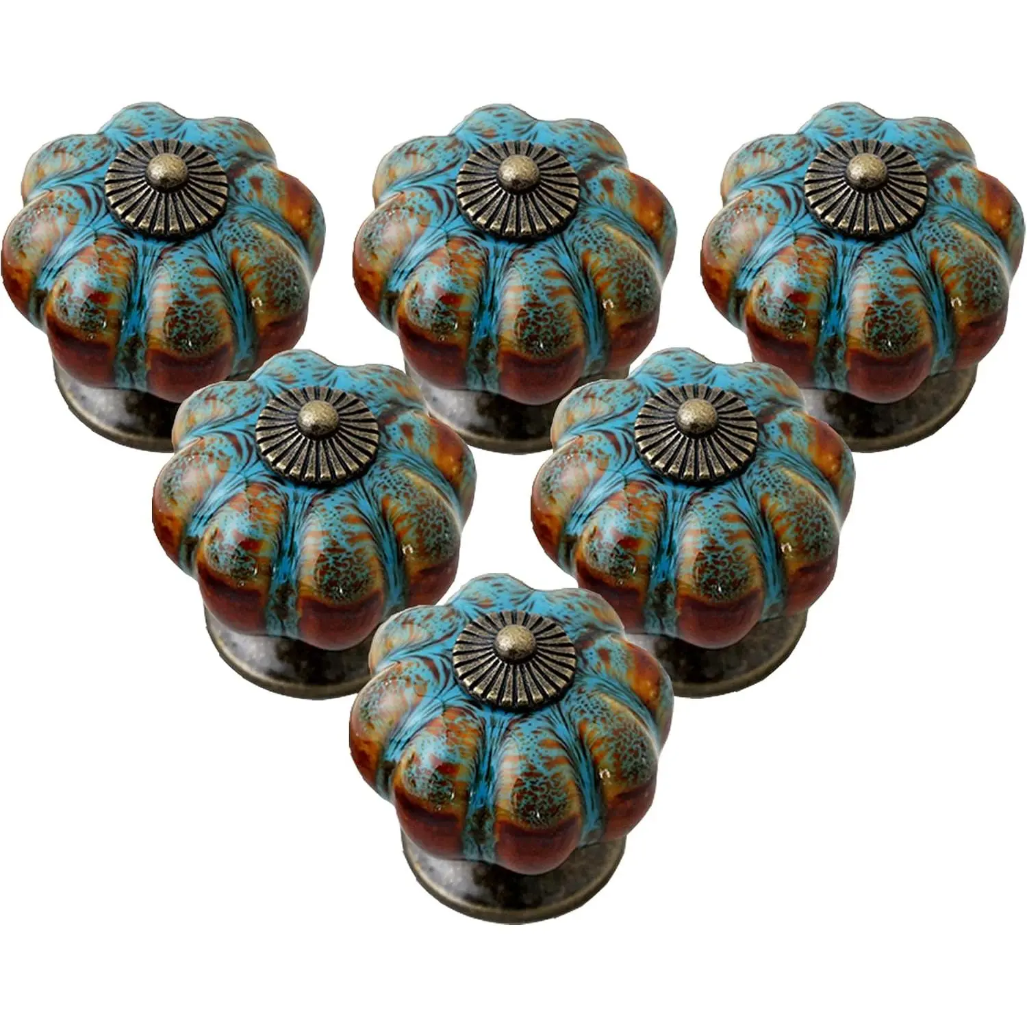 Cabinet Knobs 6 Pack Glazed Ceramic Knobs with Pumpkin Shape for Decor Door Pull Handle for  Cabinet Drawers, Closets, Cupboard (Blue)