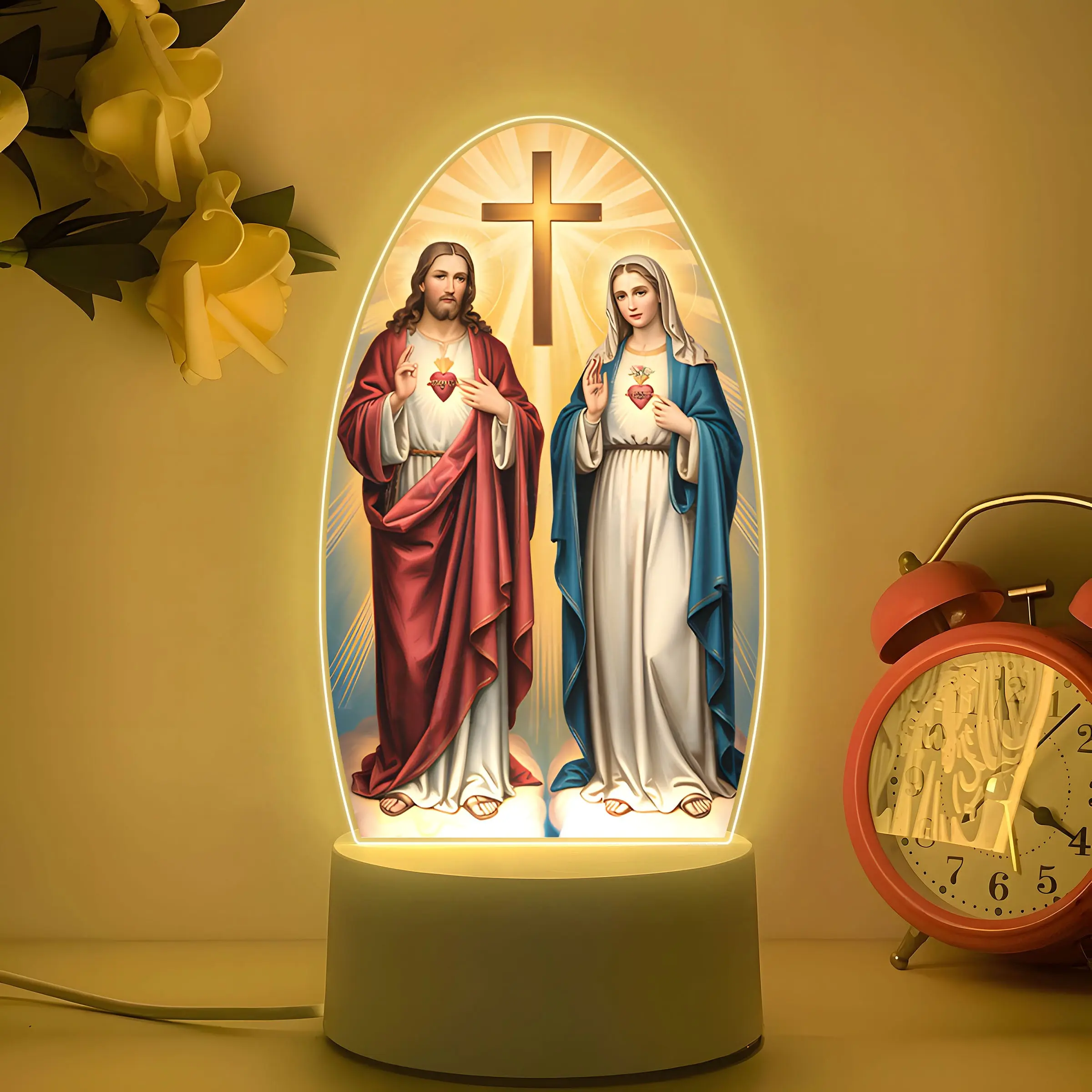 LED Acrylic Night Light with Sacred Heart and Immaculate Heart Cross, USB Powered Desk Lamp, Decorative Led Light, Indoor Decor, Christmas & Easter Gift, Nightlight