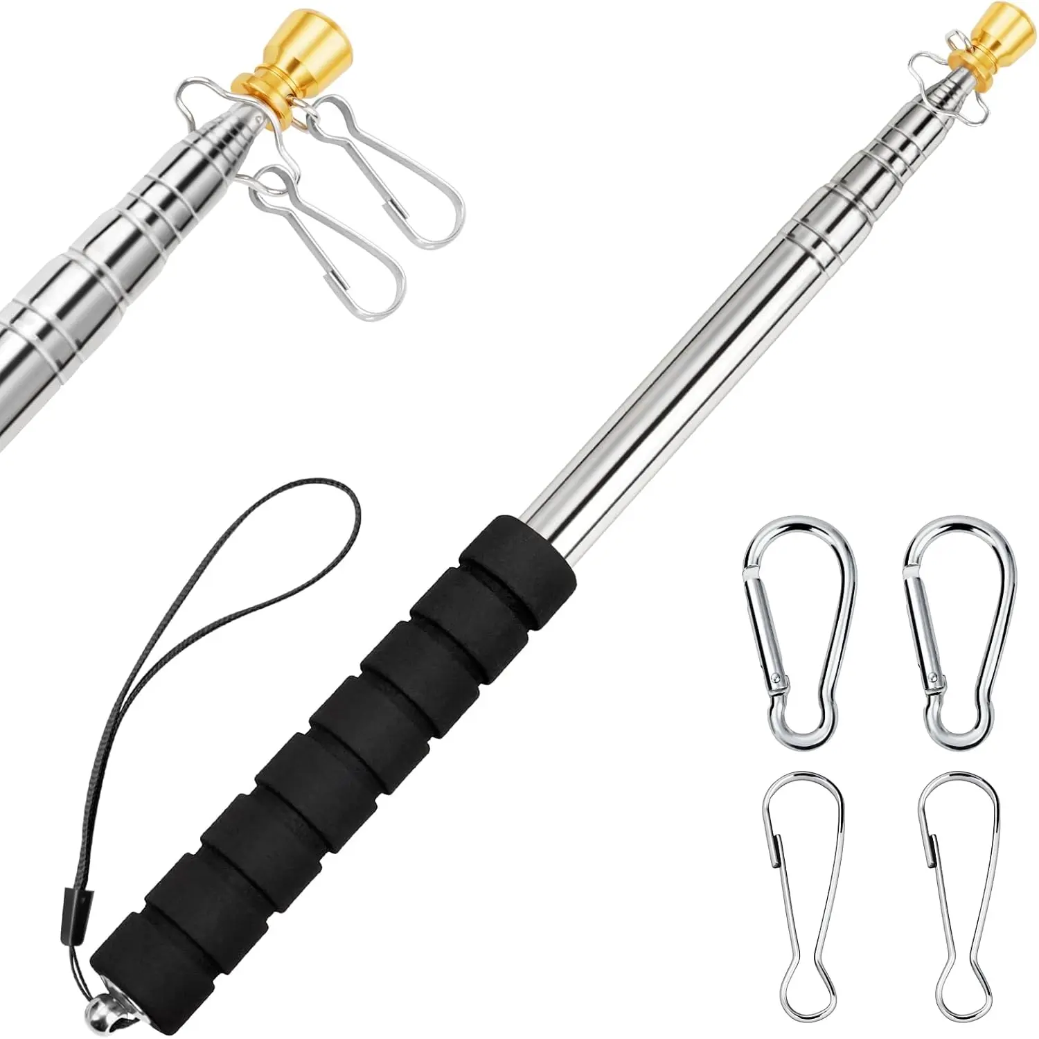 Portable Handheld Flag Pole for Carrying, 8.2Ft/2.5M Stainless Steel Telescopic Hand Held Carry Flag Pole, Telescoping Tour Guide Flag Pole Extendable Hand Flagpoles for 3x5 4x6 flags with 4 count Clips