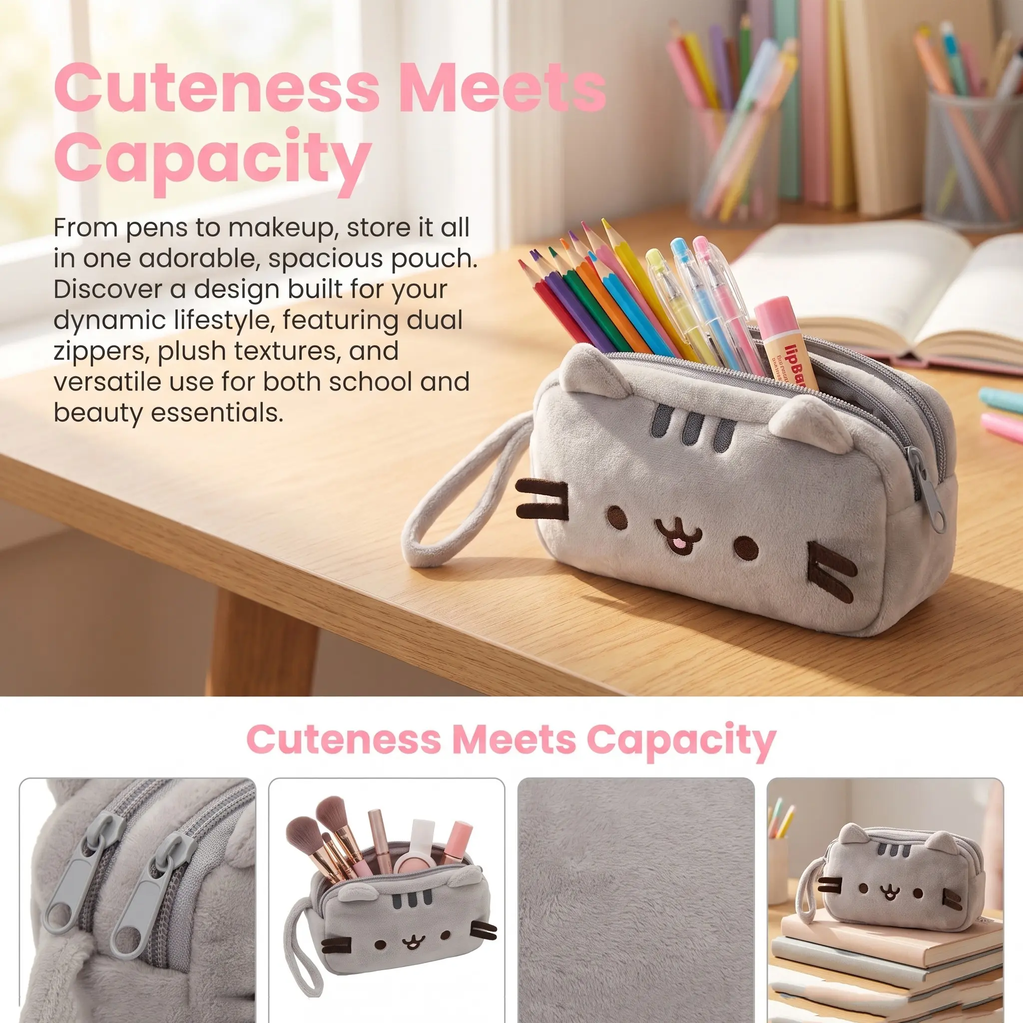 Cute Cartoon Chubby Cat Design Pencil Case, 1 Count Soft Plush 2 in 1 Storage Bag, Dual Use as Pencil Bag & Makeup Pouch, Desk Organizer for Office & School, Stationery Cosmetic Storage Bag