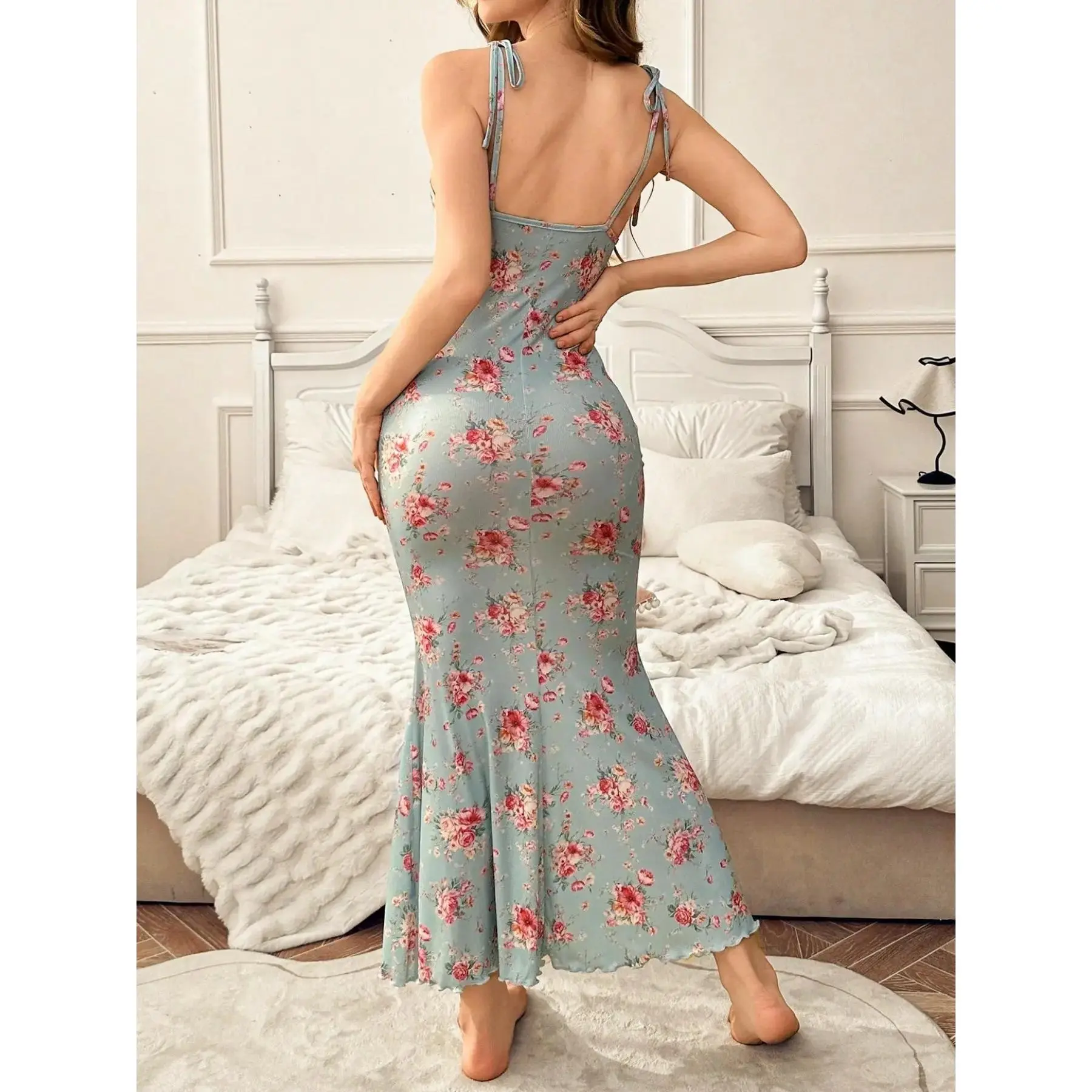 2026Women's mid-length nightgown, sleepwear, floral pattern, slim fit, sleeveless, comfortable spring and summer